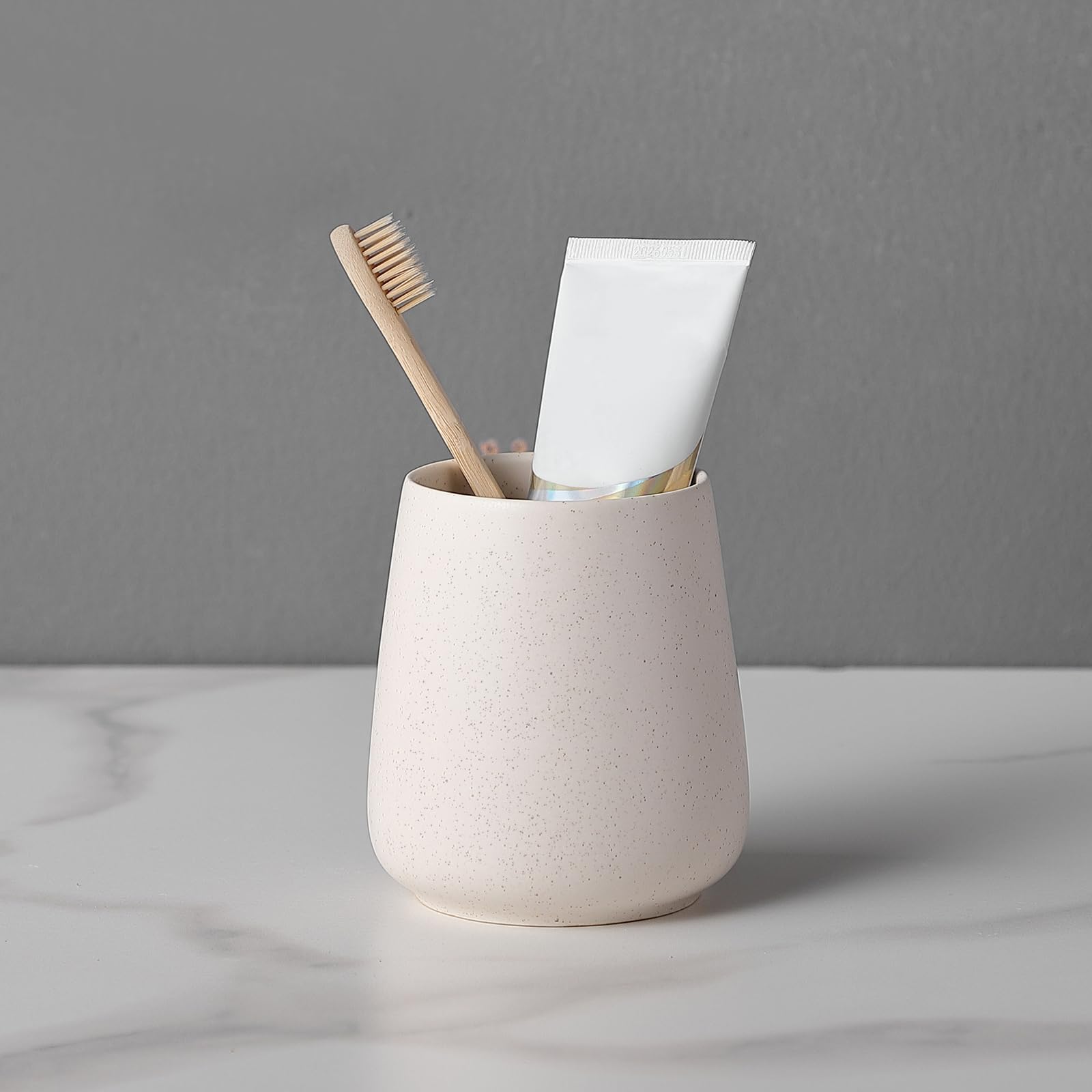 Beige Toothbrush Holder For Bathroom - Ceramic Tooth Brushing Holders, Toothbrush Cup, Toothpaste Organizer For Bathroom Counter