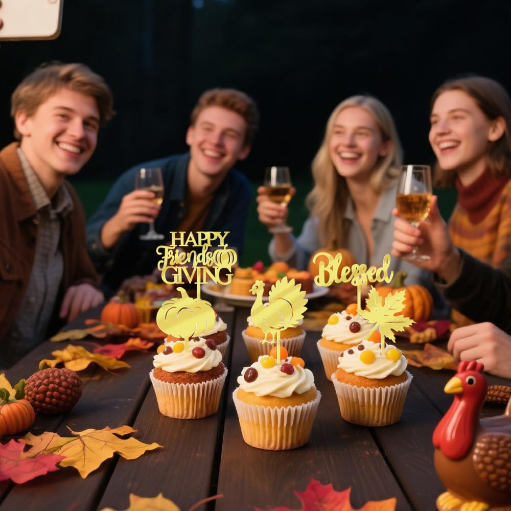 YUINYO Mirror acrylic Thanksgiving Cupcake Toppers, 12 Pcs Fall Themed Cupcake Toppers Turkey Maple Leaf Pumpkin Cake Picks for