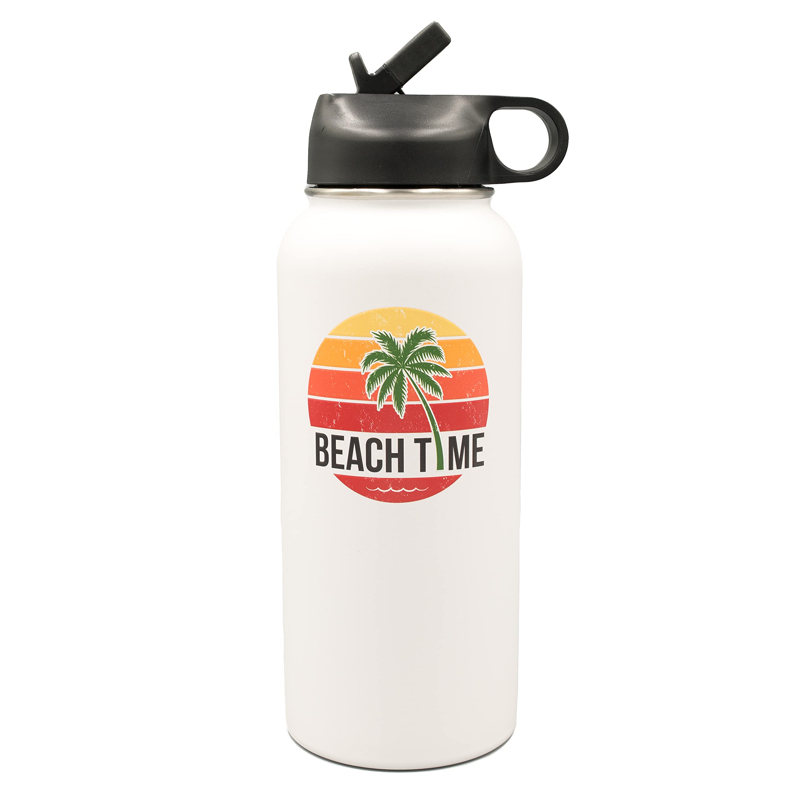 Lifecraft Beach Time 18/8 Stainless Steel Vacuum Insulated Sweat Proof Water Bottle Large 32 Oz Wide Mouth With Straw Flip Lid,