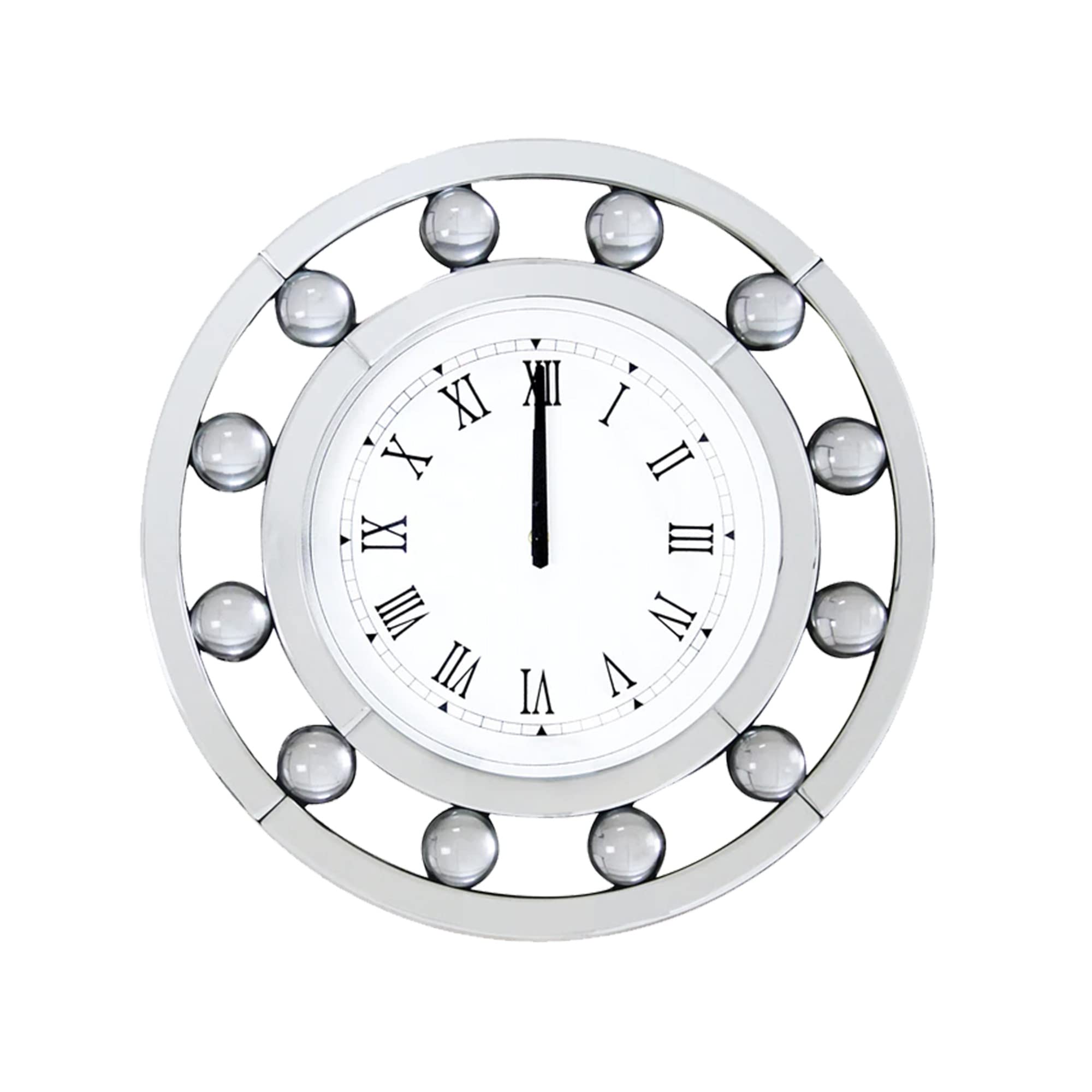 Benjara Benzara Round Shape Wall Clock with Mirrored Finish, White,