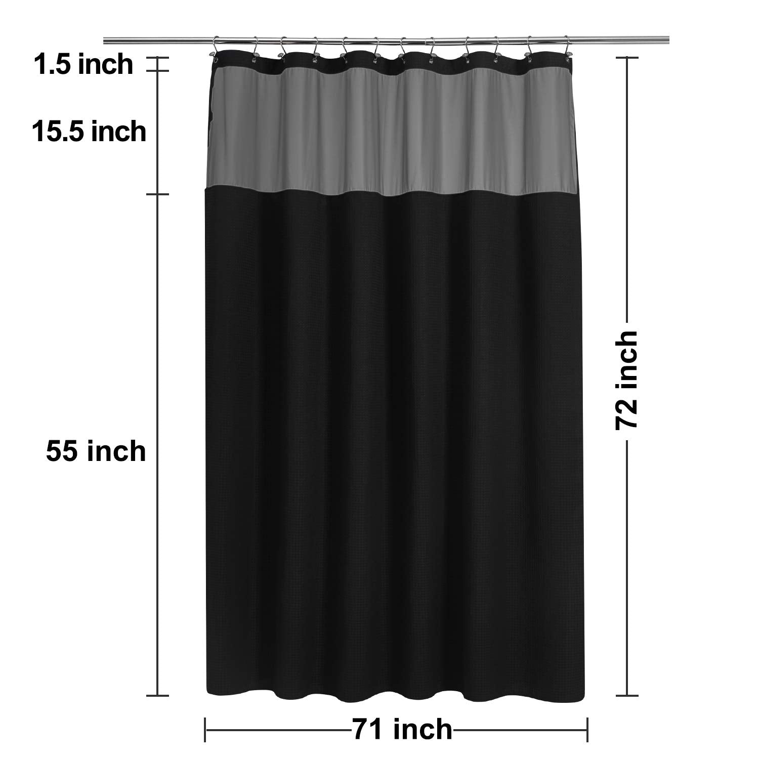 N&Y Home Waffle Weave Shower Curtain With Snap-In Fabric Liner & 12 Black Hooks Set - Hotel Style, Water-Repellent & Washable, M