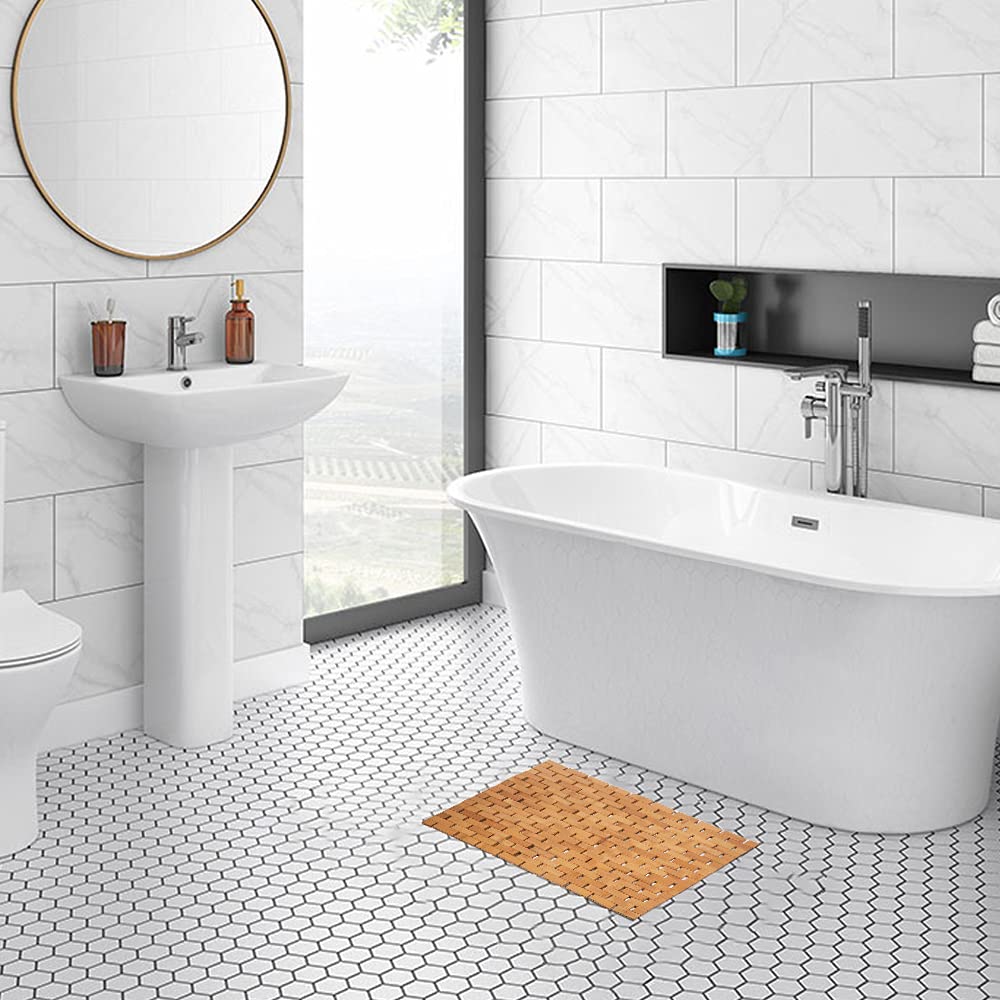 Bamboo Bath Mat Bathroom Rugs Floor Wood Shower Bathtub Waterproof Non Slip Accessories 16X24 Inch Easy To Clean, Natural, 1 Pc