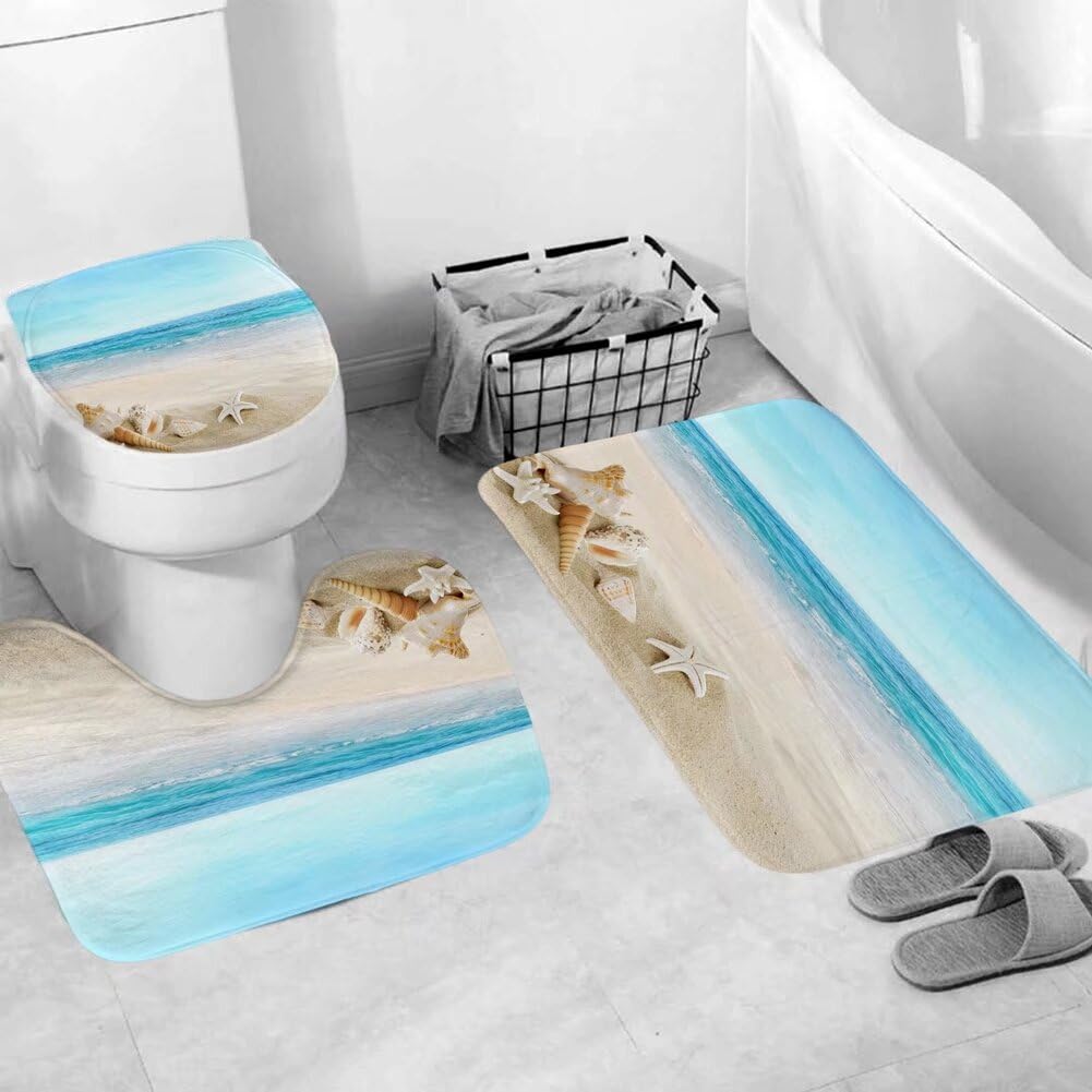Chrainy 4Pcs Summer Beach Shower Curtain Sets Sea Ocean Bathroom Set Decor With Non-Slip Rugs Bath U-Shaped Mat Toilet Lid Cover