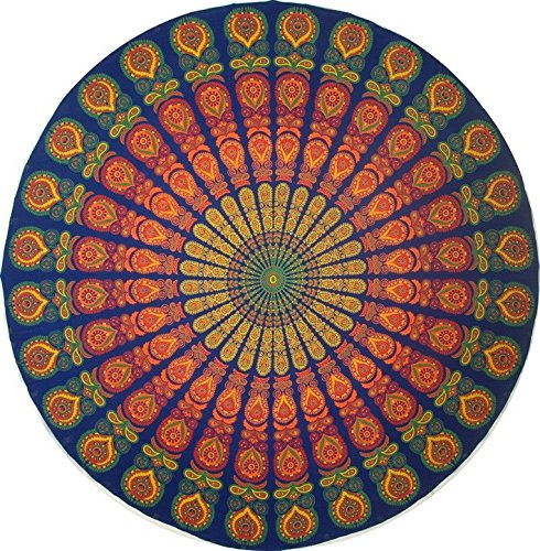 Handmade Sanganeer Peacock Mandala 72'' Round 100% Cotton Tablecloth Gorgeous, Blue Gray