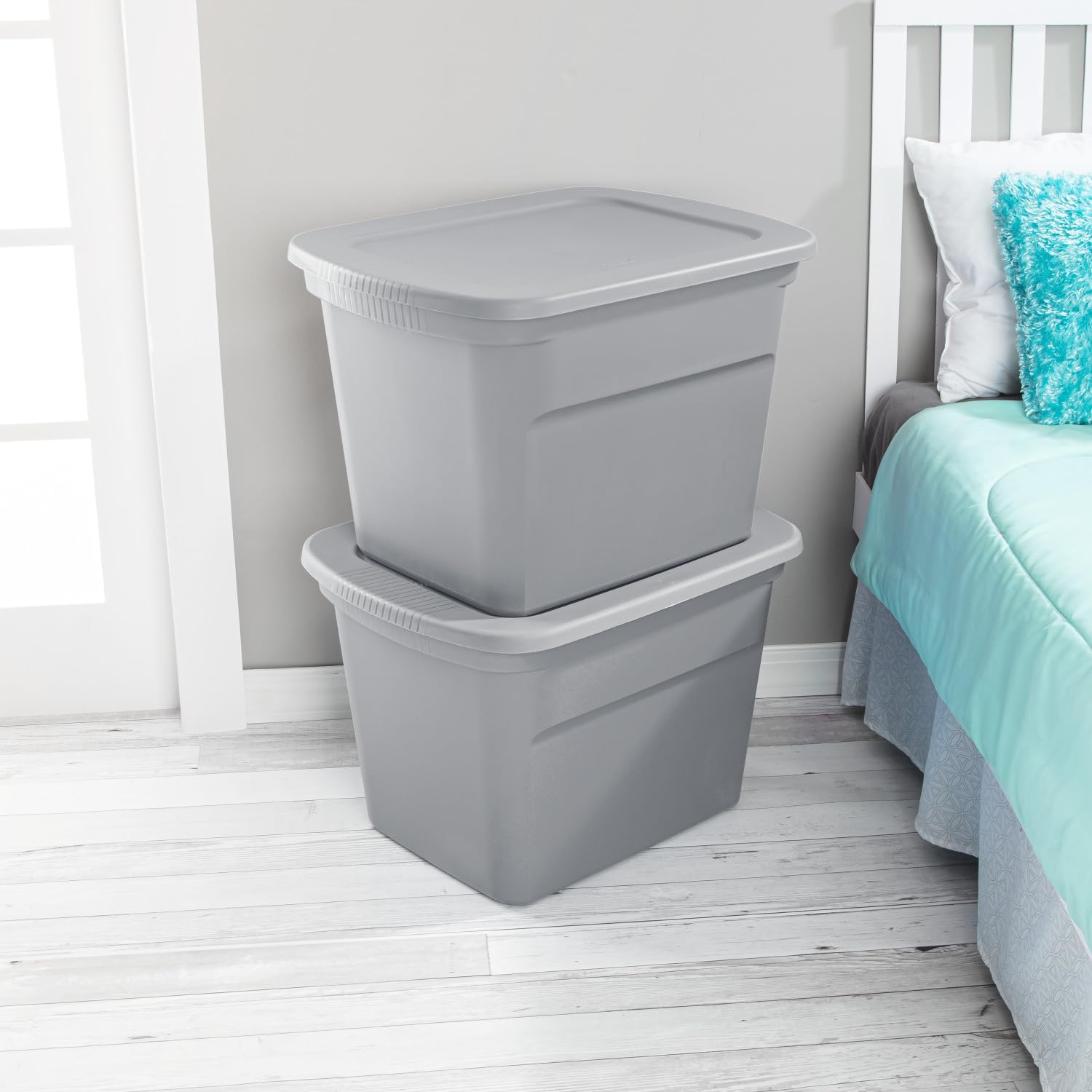 Sterilite 18 Gal Storage Tote, Stackable Bin With Lid, Plastic Container To Organize Clothes In Closet, Basement, Gray Base And