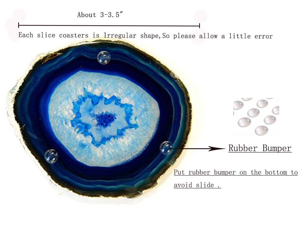 JIC Gem 3-3.5'' Dyed Blue Color Small Size Agate Coastes Polished Natural Geode Stone Coasters Agate Slices Set of 4 with Protective Rubber Bumper Home Decorative
