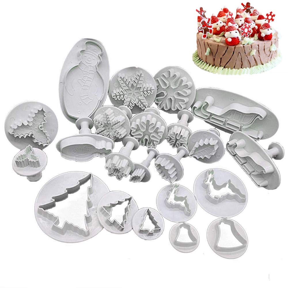 Inspee 22 Pieces Christmas Fondant Cake Cookie Plunger Cutter Sugarcraft Snowflake Snowman Christmas Tree Leaf Shape Decorating