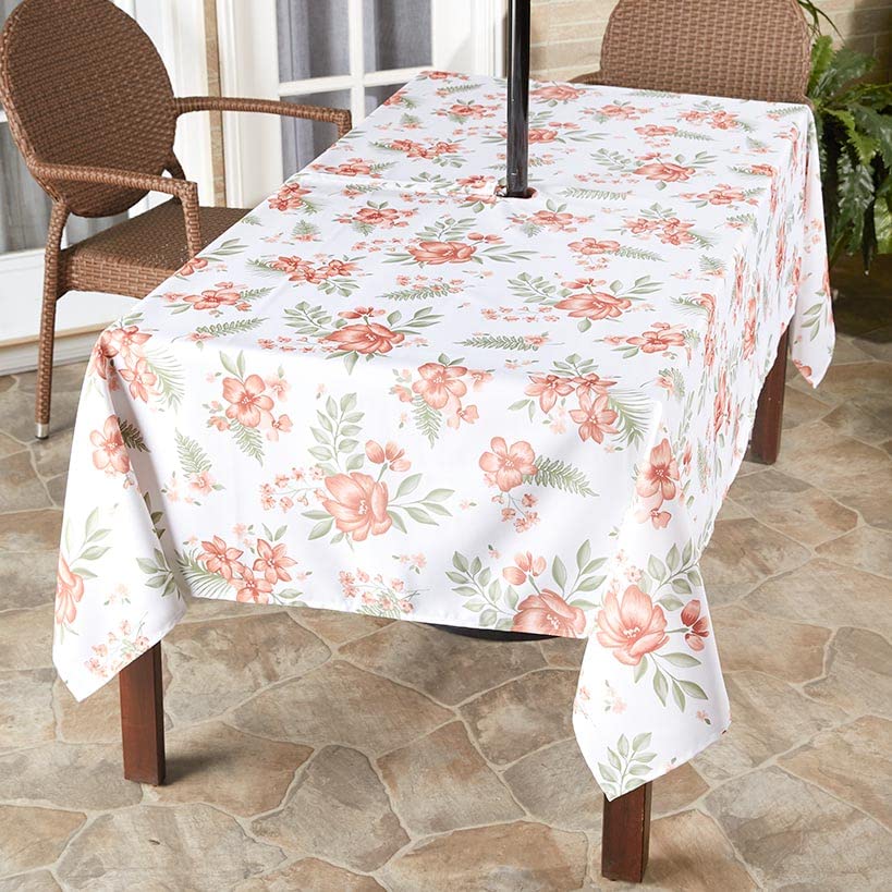 Zippered Outdoor Umbrella Hole Tablecloths - Terracotta Floral 60'' X 84''