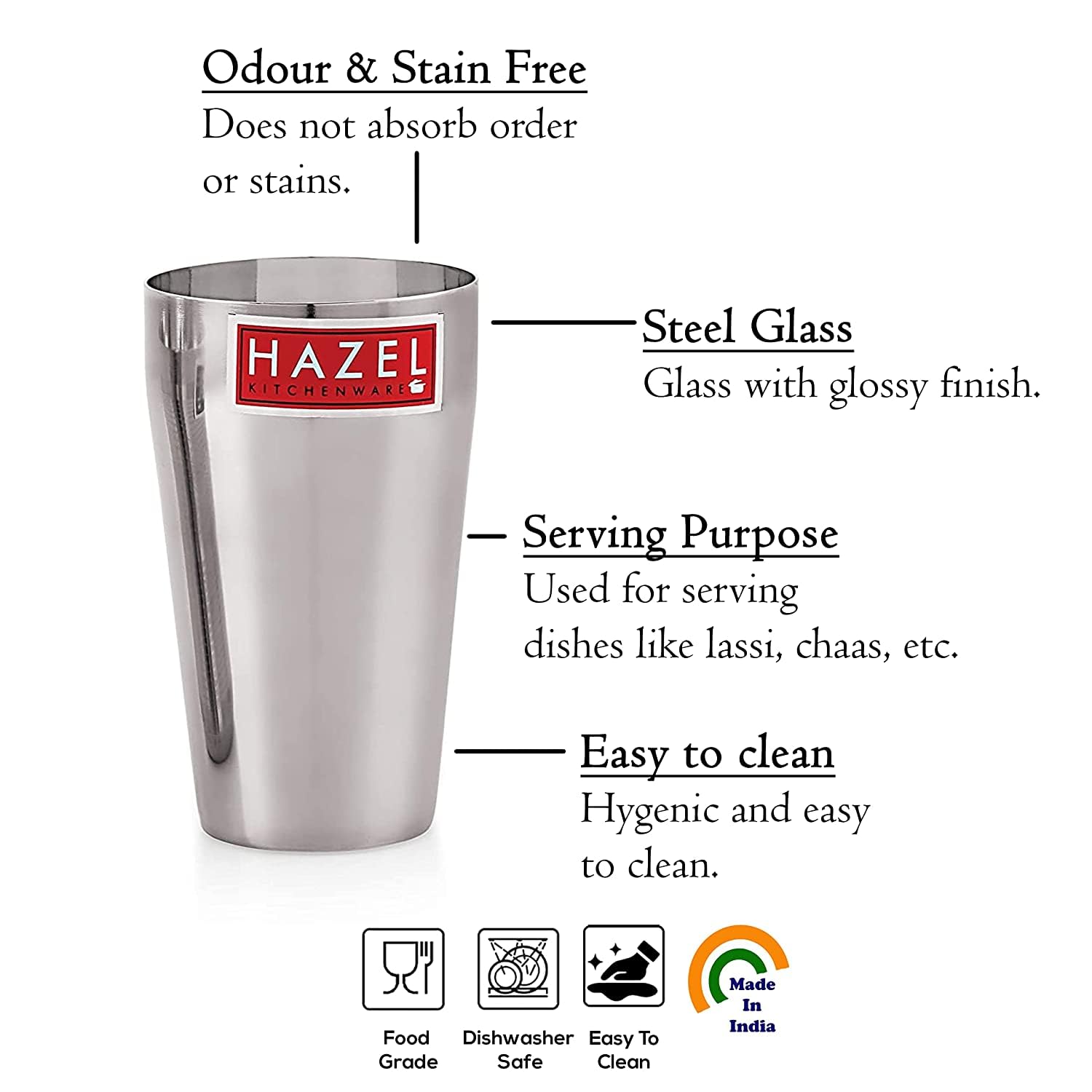 Hazel Stainless Steel Plain Traditional Jumbo Water Lassi Glass Set Of 2, 750 Ml Each