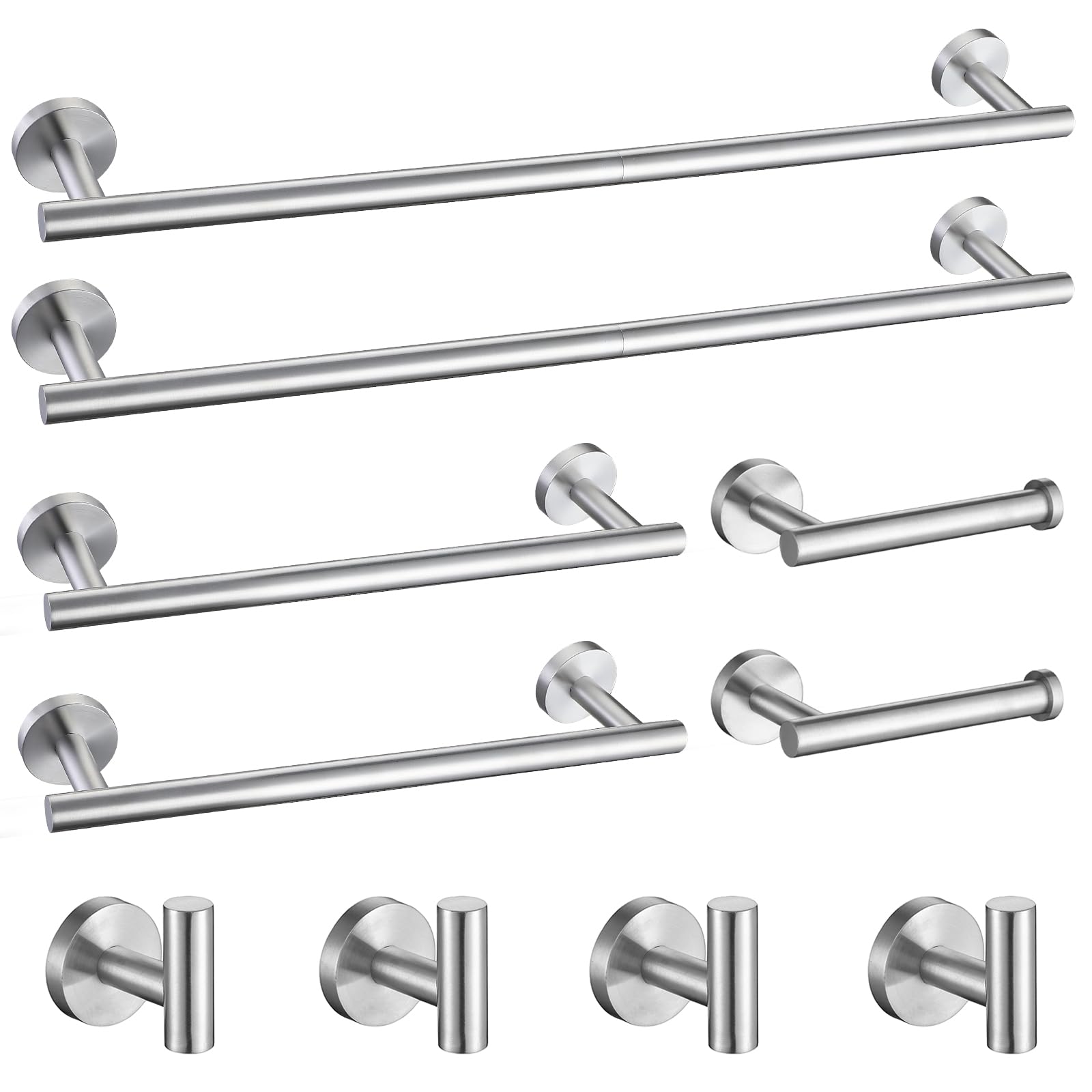 TURS Brushed Nickel 10 Pieces Bathroom Hardware Set, SUS304 Stainless Steel 24 Inch Bath Towel Bar Set, Round Bathroom Accessori