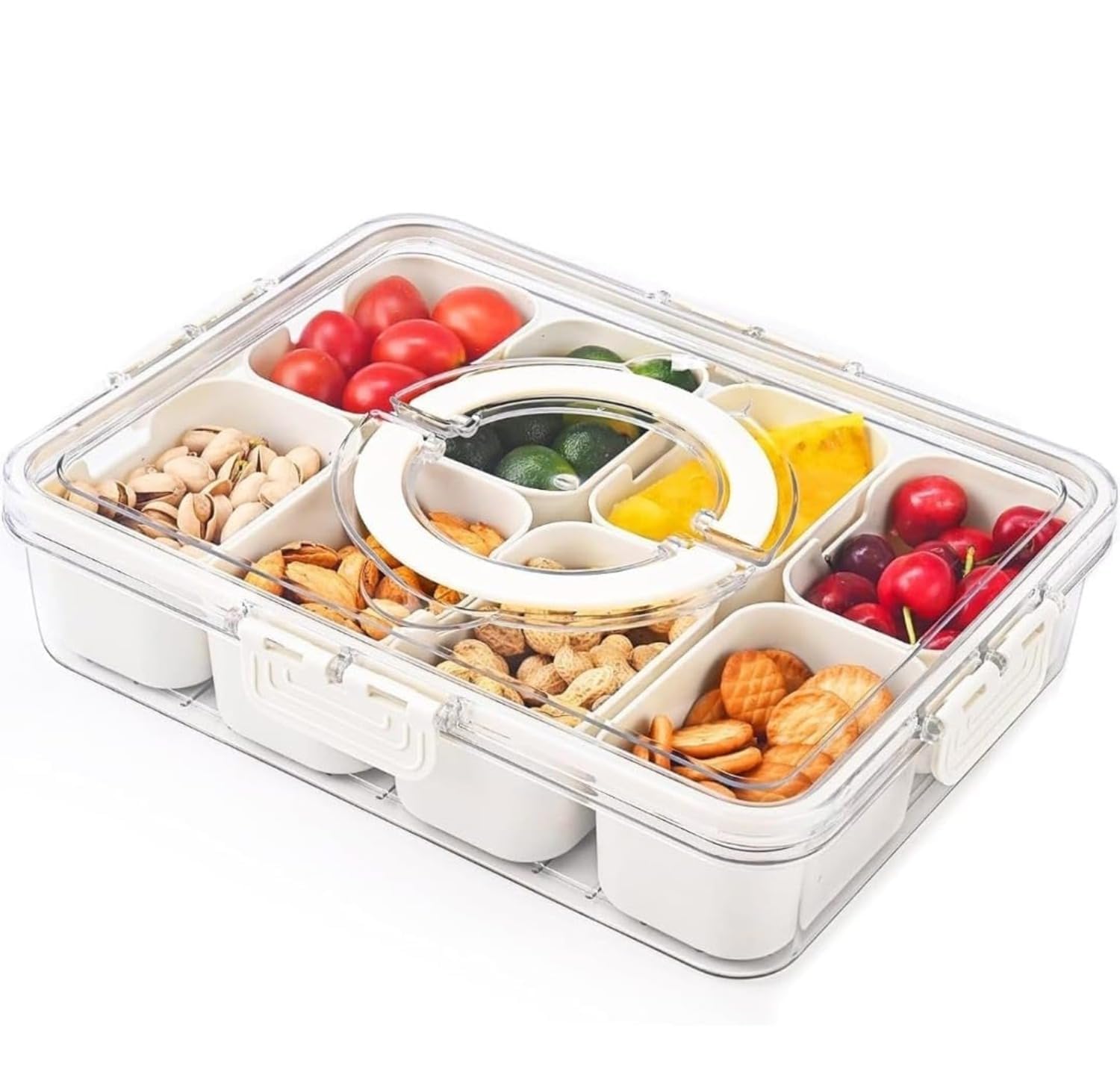 Honbuty Divided Fridge Storage Boxes With 8 Serving Veggie Tray With Lid & Handle, Fridge Organizer With Removable Compartment, 