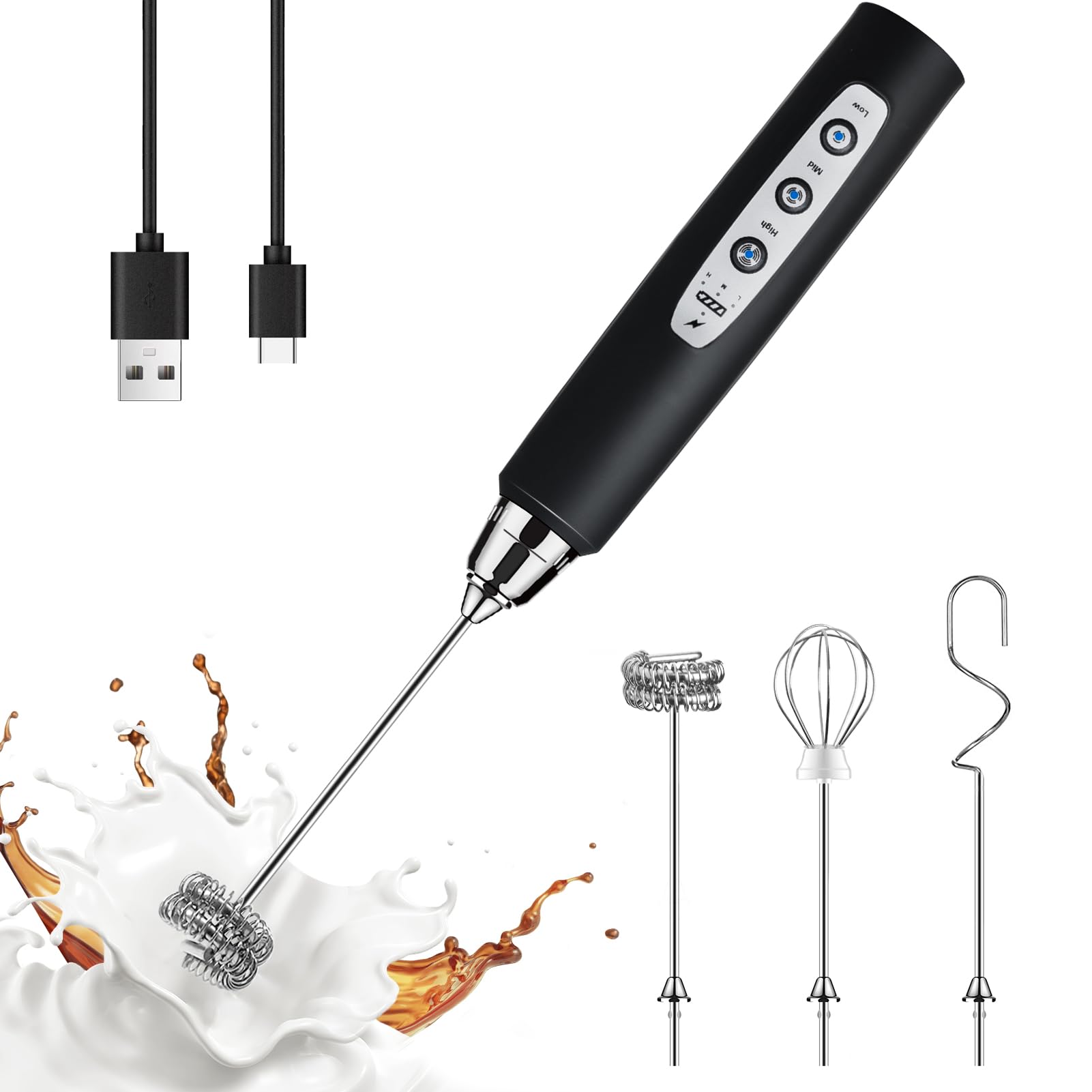 Yuswko Milk Frother Handheld With 3 Heads, Electric Whisk Drink Foam Mixer With Usb Rechargeable 3 Speeds, Mini Frother For Coff