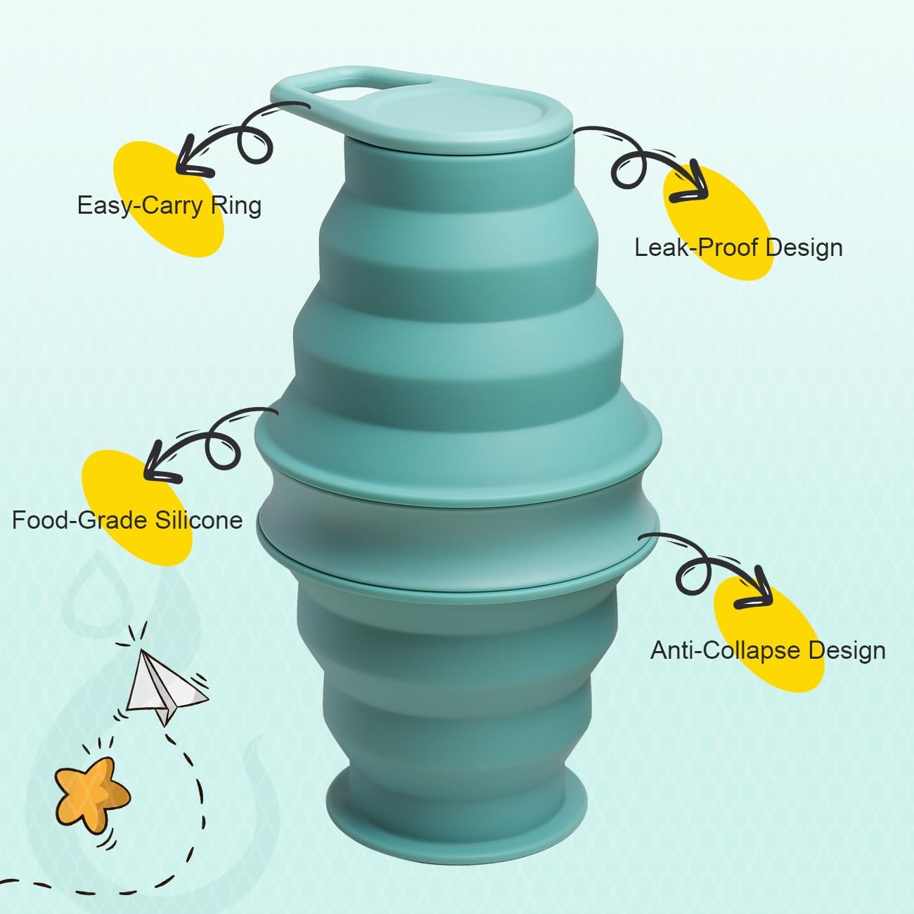 Opard Collapsible Water Bottles 17 Oz BPA Free Leak Proof Foldable Silicone Bottle with Anti-Collapse Ring for Travel Camping Hiking Running Sport