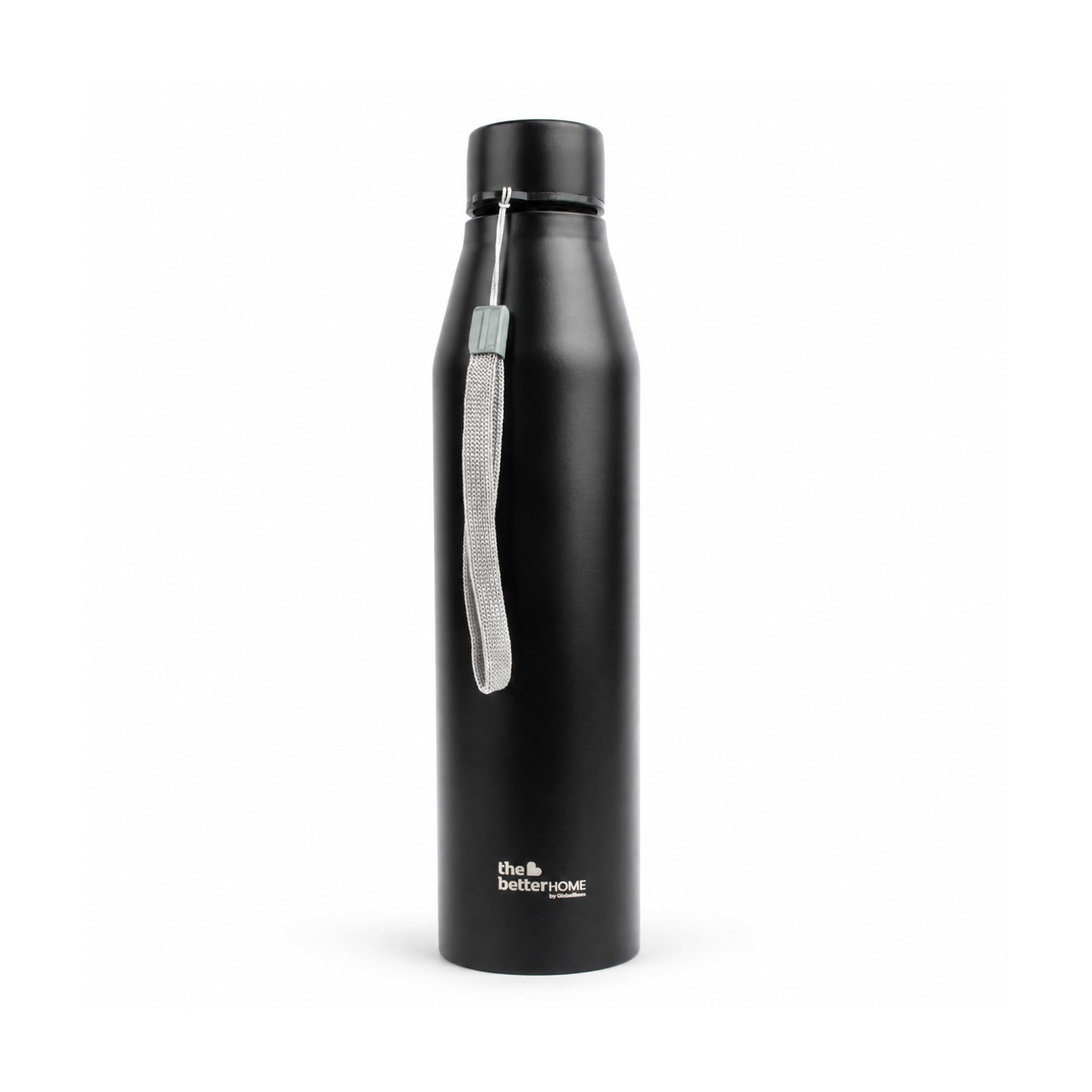 The Better Home Stainless Steel Water Bottle 900Ml Matte Black Single Wall Lightweight Reusable Metal Bottle With Carry Strap, L