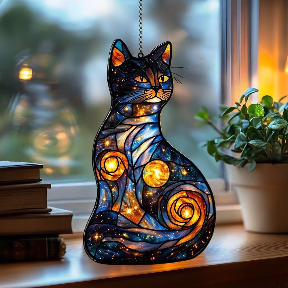 Celestial Cat Acrylic Suncatcher Stained Glass Effect Window Car Hanging Christmas Ornament Indoor Outdoor Decor Garden Sun Catc