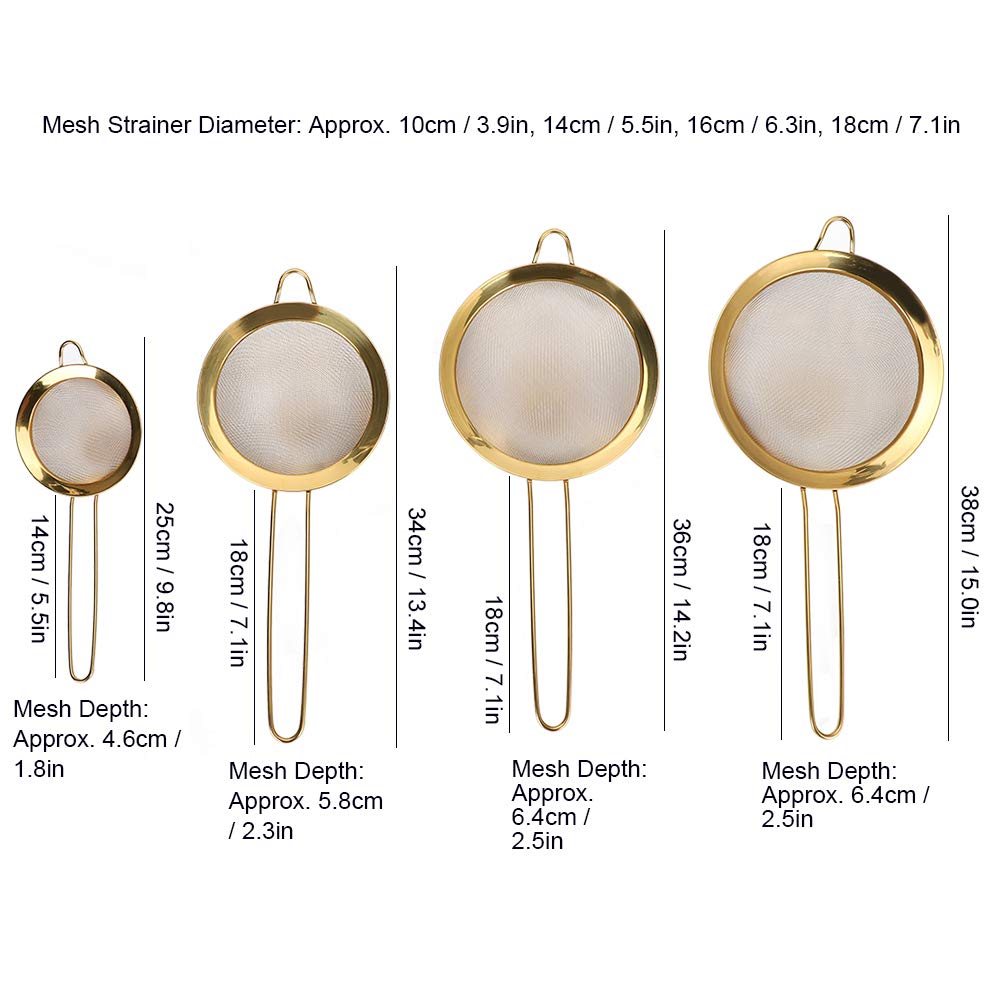 4Pcs Mesh Strainers For Kitchen, Metal Strainer Set Gold Strainer Fine Mesh Strainer With Handle For Tea Coffee Powder Rice Flou