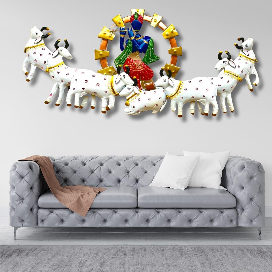 Metal Krishna Playing Basuri With Cow Wall Hanging For Home Decoration, Wall Sculpture For Living Room, Wall Hanging Decorative