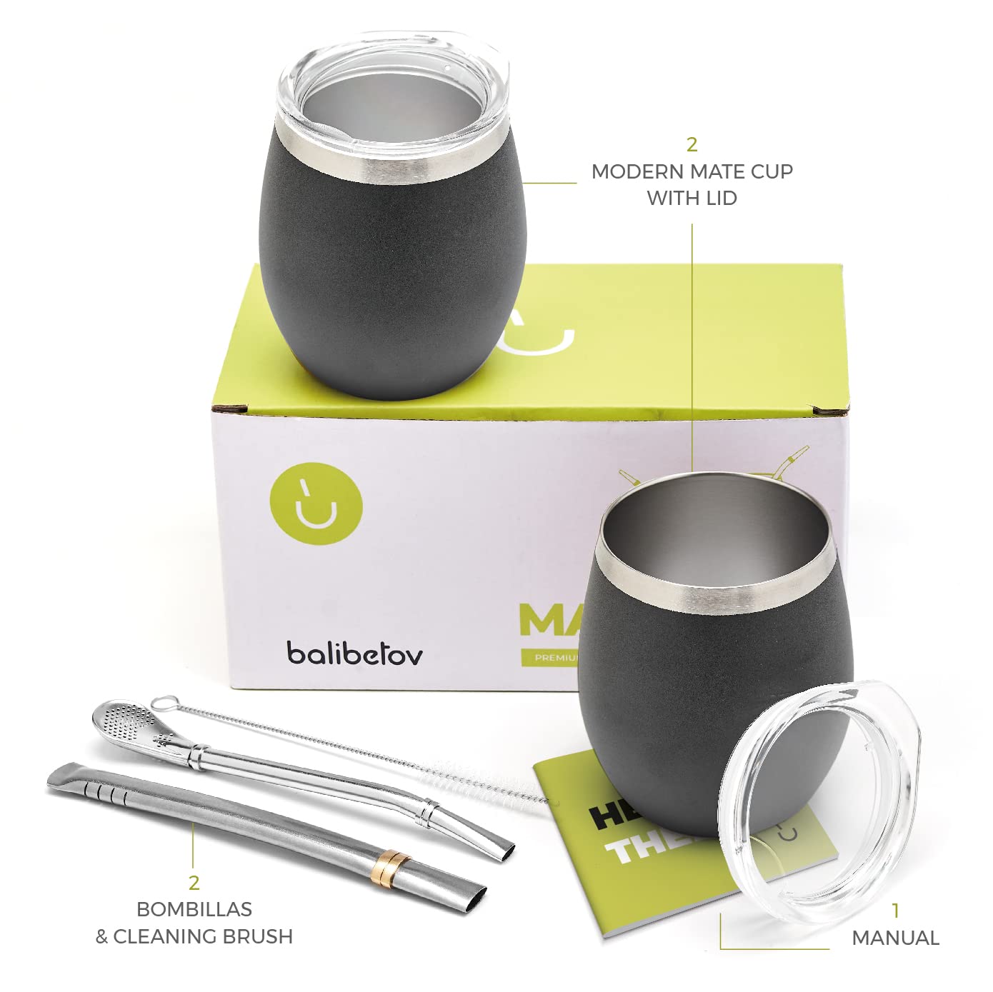 Balibetov Modern Mate Cup And Bombilla Set (Yerba Mate Cup) -Yerba Mate Set Includes Double Walled 18/8 Stainless Steel Mate Tea