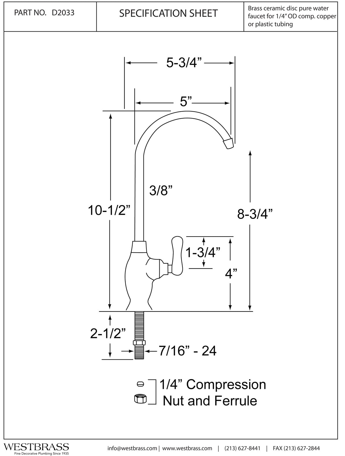 Westbrass D2033-Nl-26 10'' Classic 1-Lever Handle Cold Water Dispenser Faucet, Polished Chrome