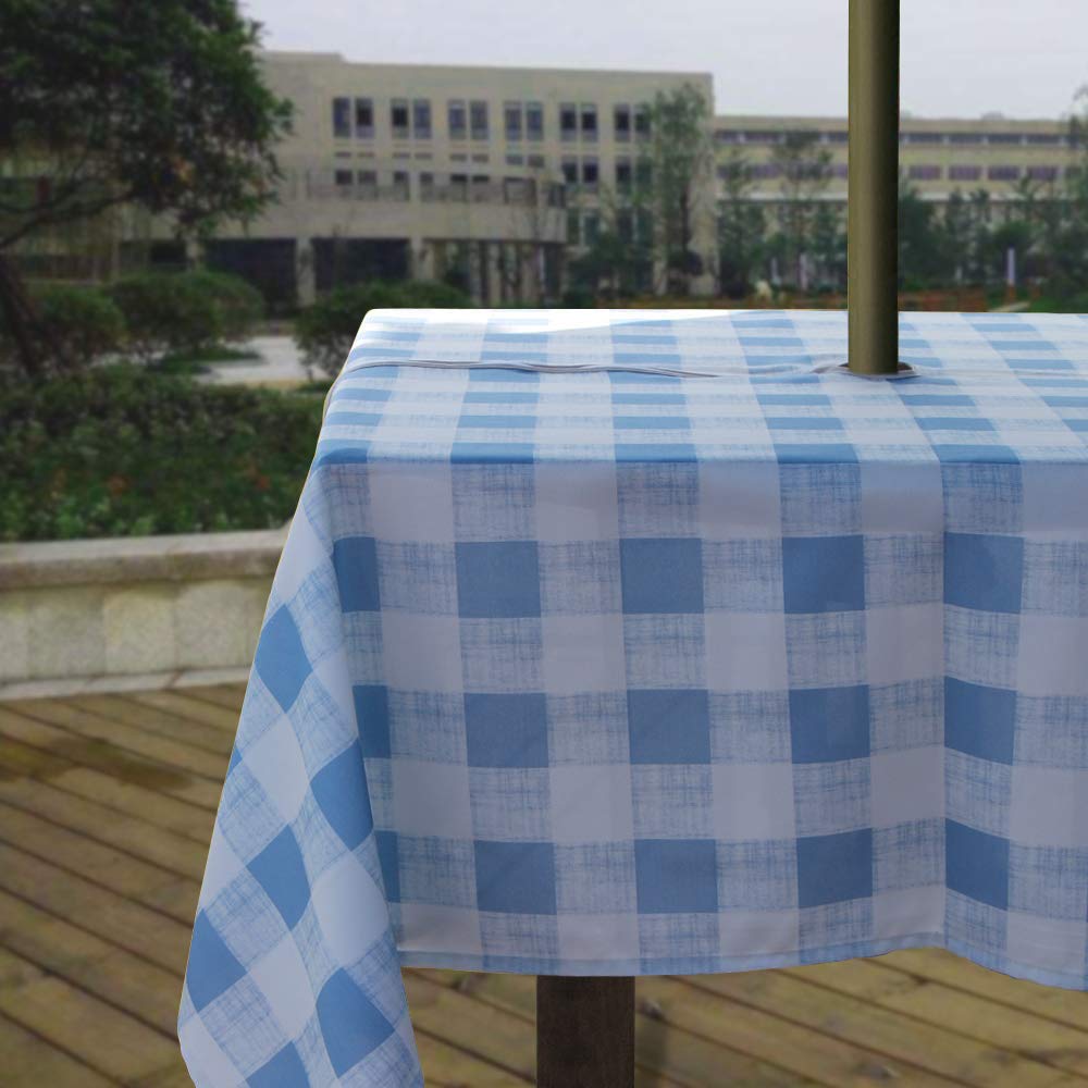 Melaluxe Spring/Summer Wrinkle-Free Waterproof Outdoor Tablecloth with Umbrella Hole and Zipper, Blue Checkered, 60-Inch-by-84 R