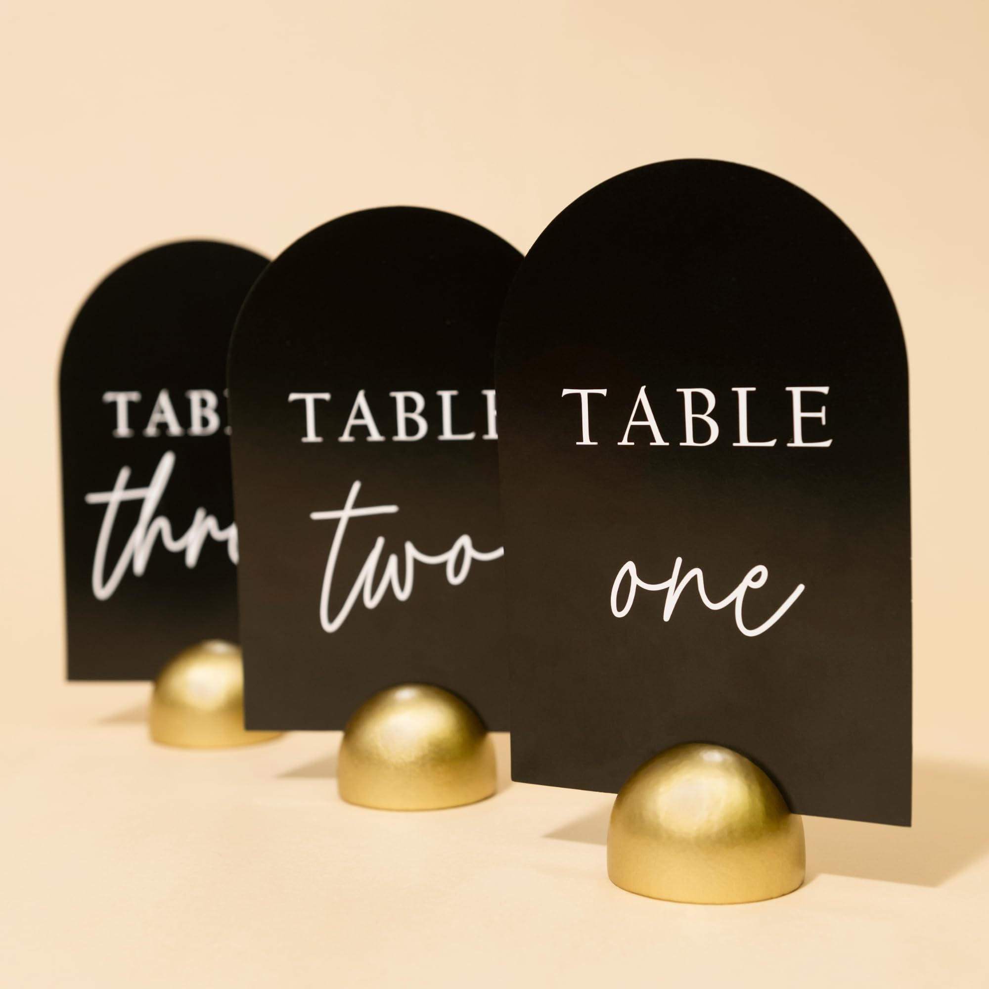 Hanna Roberts Modern Cursive Table Number Black Card Stock Half Circle Signs With Round Stand For Wedding Reception, Restaurant,