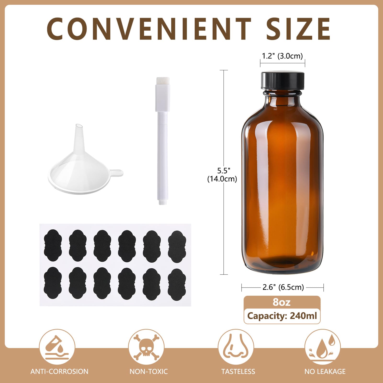 BPFY 12 Pack 8 oz Glass Boston Bottle With Black Poly Cap  Funnel  Chalk Labels  Pen  Dispensing Bottles for Homemade Vanilla Extract  Essential Oils  Herbal Medicine  Wedding Christmas Decor (Amber)