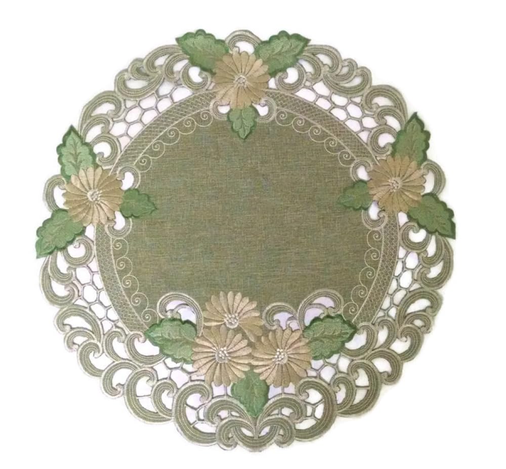 Doily Boutique Round Doily or Placemat with Gold Daisy on Sage Green Burlap Linen Style Material Size 24 inches