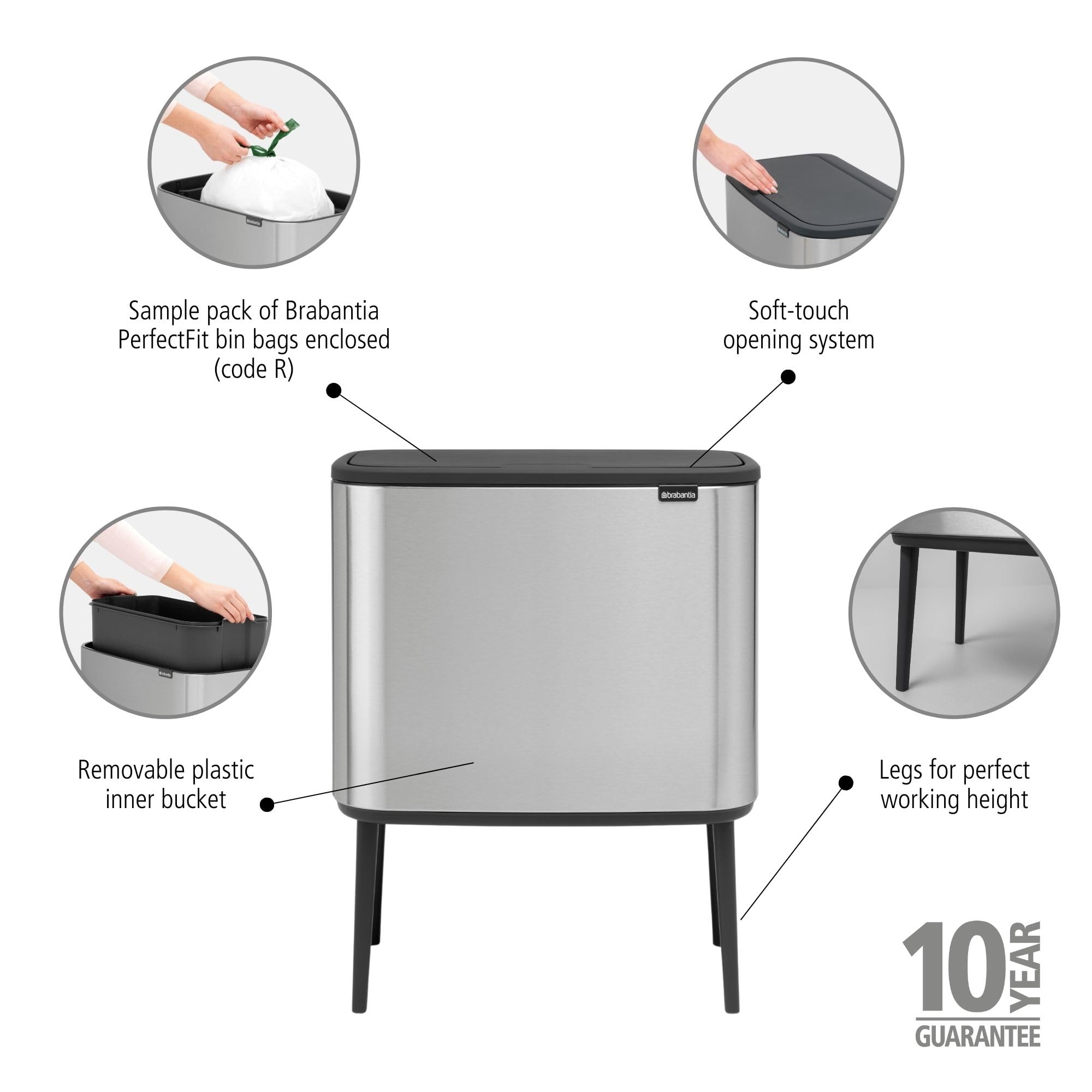 Brabantia Bo Trash Can - 1 x 9.5 Gal Inner Bucket (Matt Steel FPP) Waste/Recycling Garbage Can  Removable Compartment