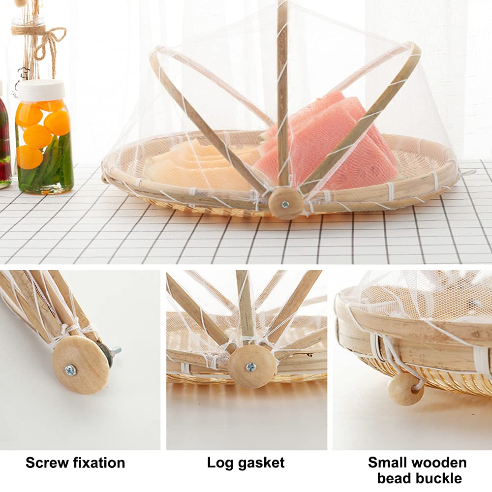 Food Bamboo Food Serving Tent Basket Hand-Woven Basket Serving Dustproof Round Picnic Basket Vegetable Fruits Bread Food Home Fo