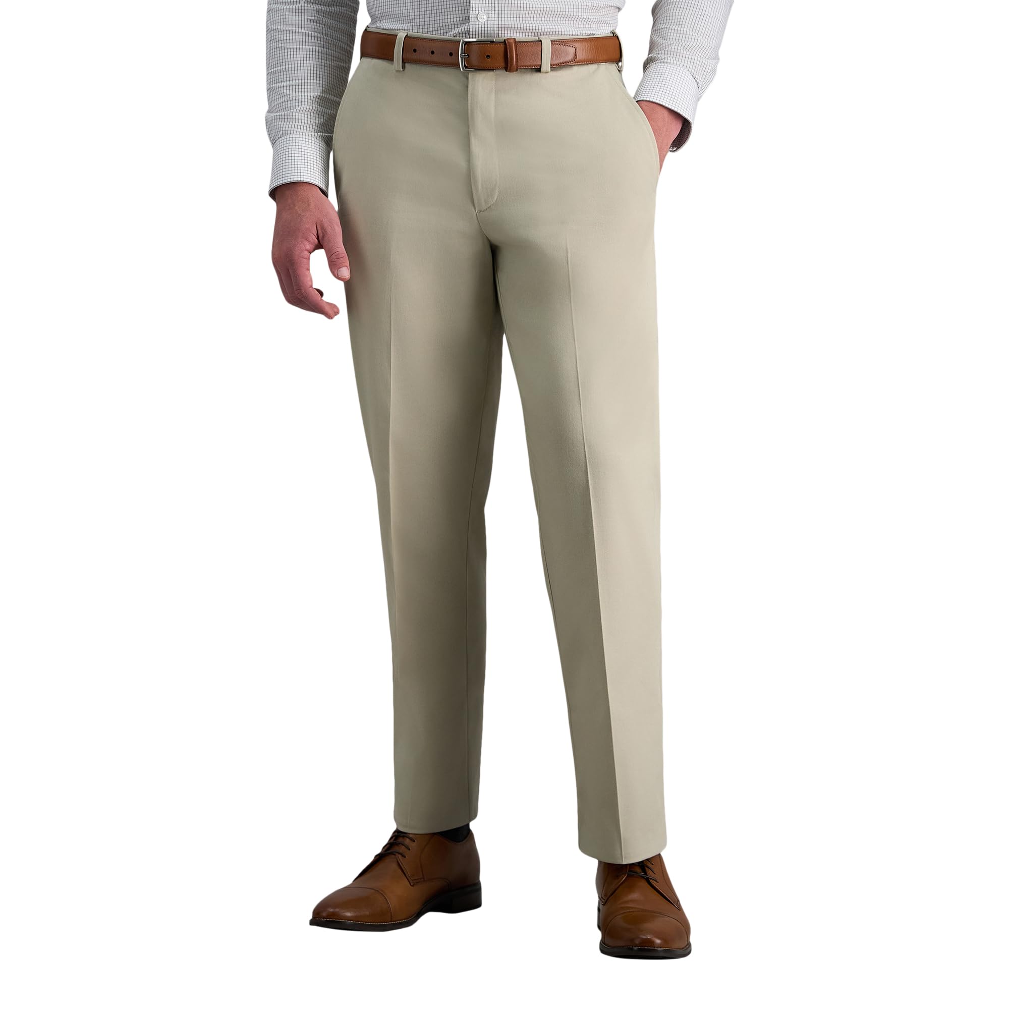 Haggar Mens Classic Fit Flat-Front Hidden Expandable Waistband Premium No Iron Khaki, 40W X 30L - Sand