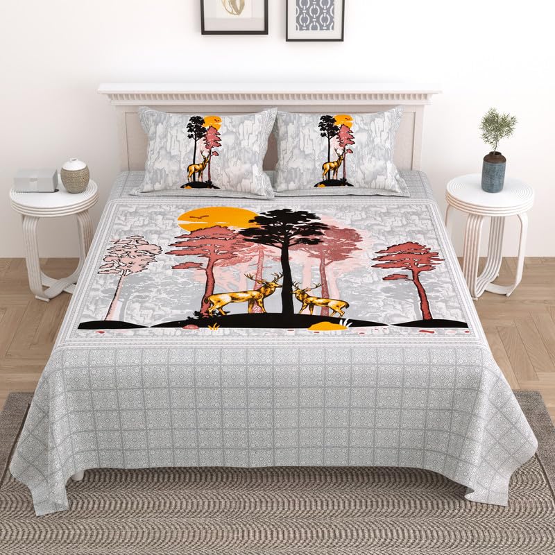 Kotts & Stitch Cotton Double Bed Bedsheet Set With 2 Pillow Covers | 210 Tc | 237X274 Cm | Jaipuri Deer Park| Soft & Breathable 