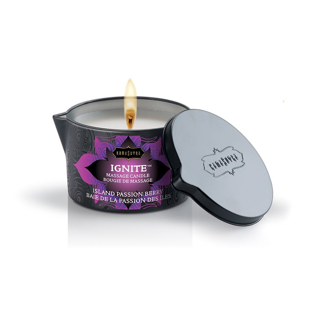 KAMA SUTRA Ignite Massage Candle - Coconut Oil and Soy Based - Island Passion Berry, 6 oz Candle Melts into a Warm Massage Oil,
