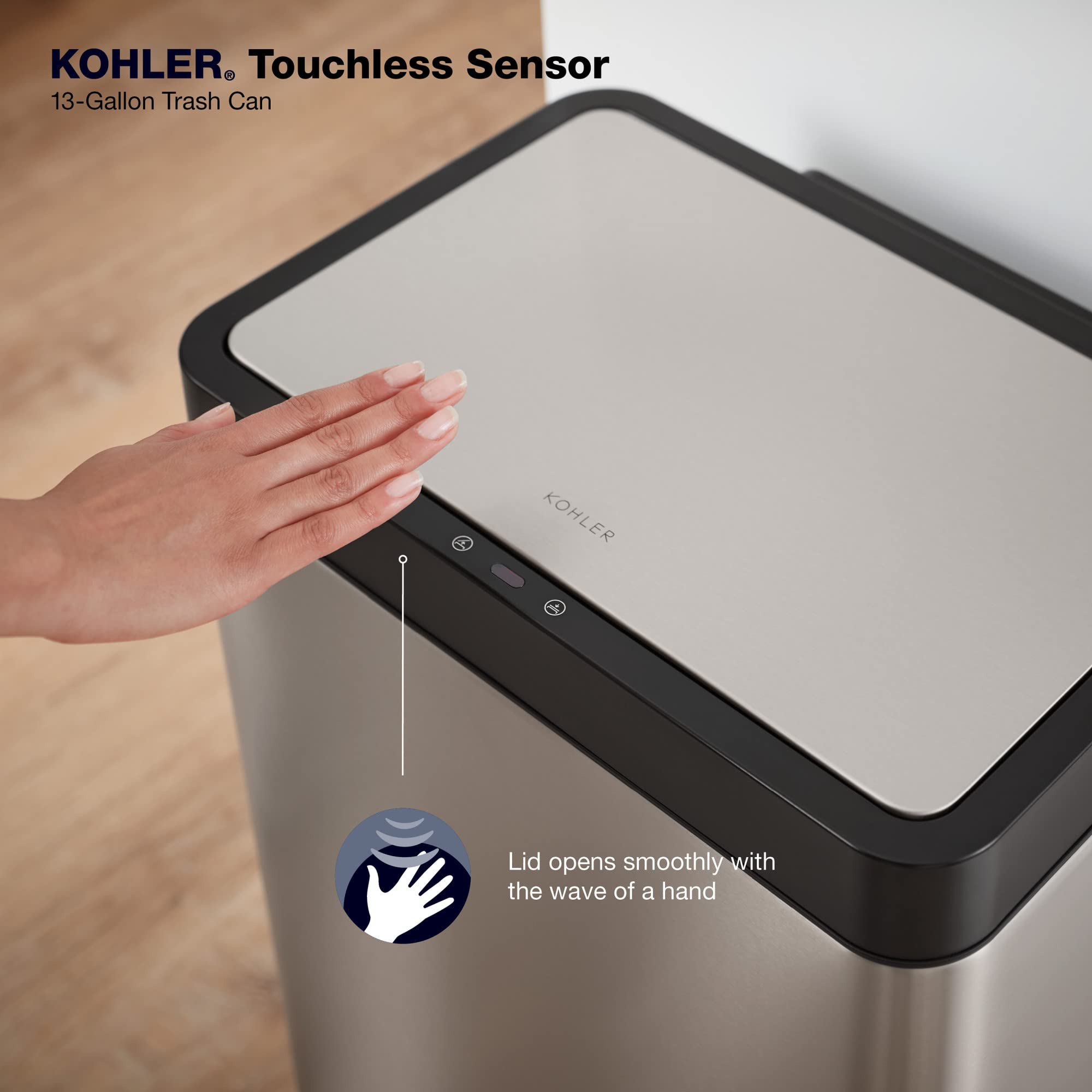 Kohler 23825-St 13 Gallon Sensorcan, Automatic Touchless Motion Sensor Kitchen Trash Can With Soft Close Lid, Stainless Steel