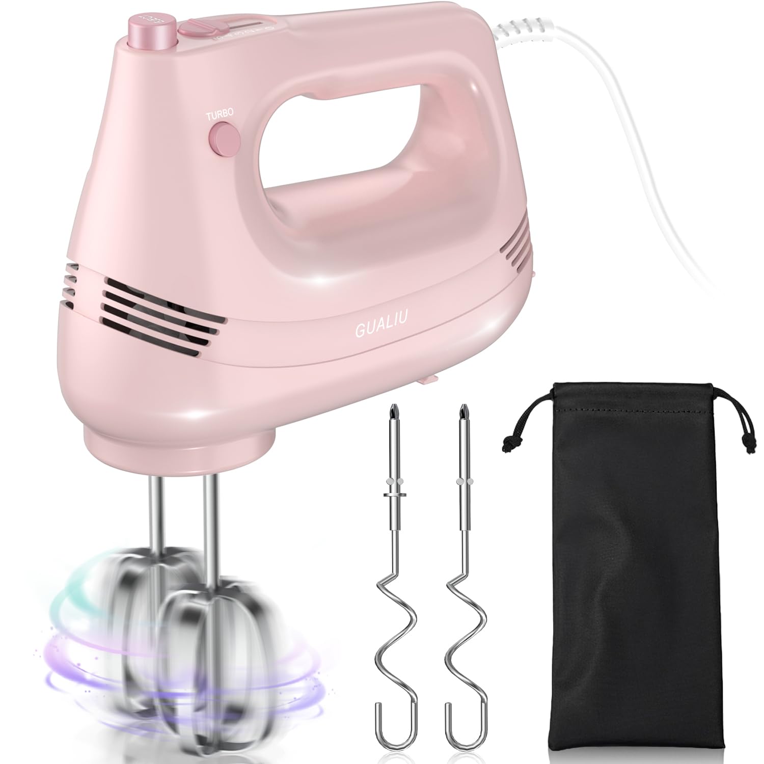 GUALIU Electric Hand Mixer with Stainless Steel Whisk, Dough Hook Attachment and Storage Bag, Handheld Mixer for Baking Cakes, E