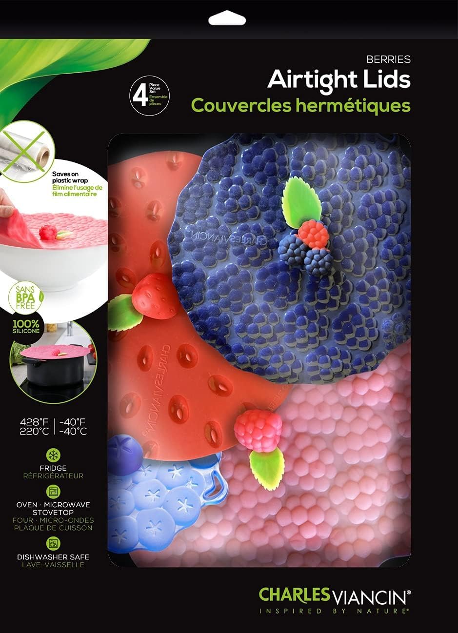 Charles Viancin - Berries Lid Gift-Box - Set Of 4 Silicone Lids For Food Storage And Cooking - 11''/28Cm + 9''/23Cm + 8''/20Cm +