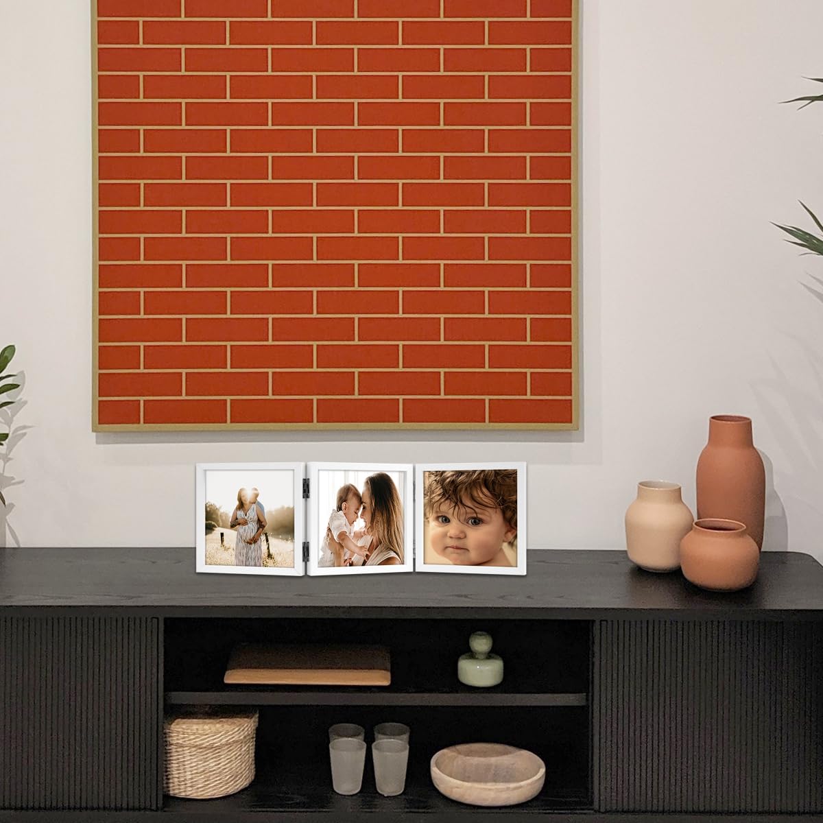 3 Picture Frame 5x5 White Triple Hinged MDF Wood with Glass Front Three Opening Photo Frame Stand Vertical on Tabletop