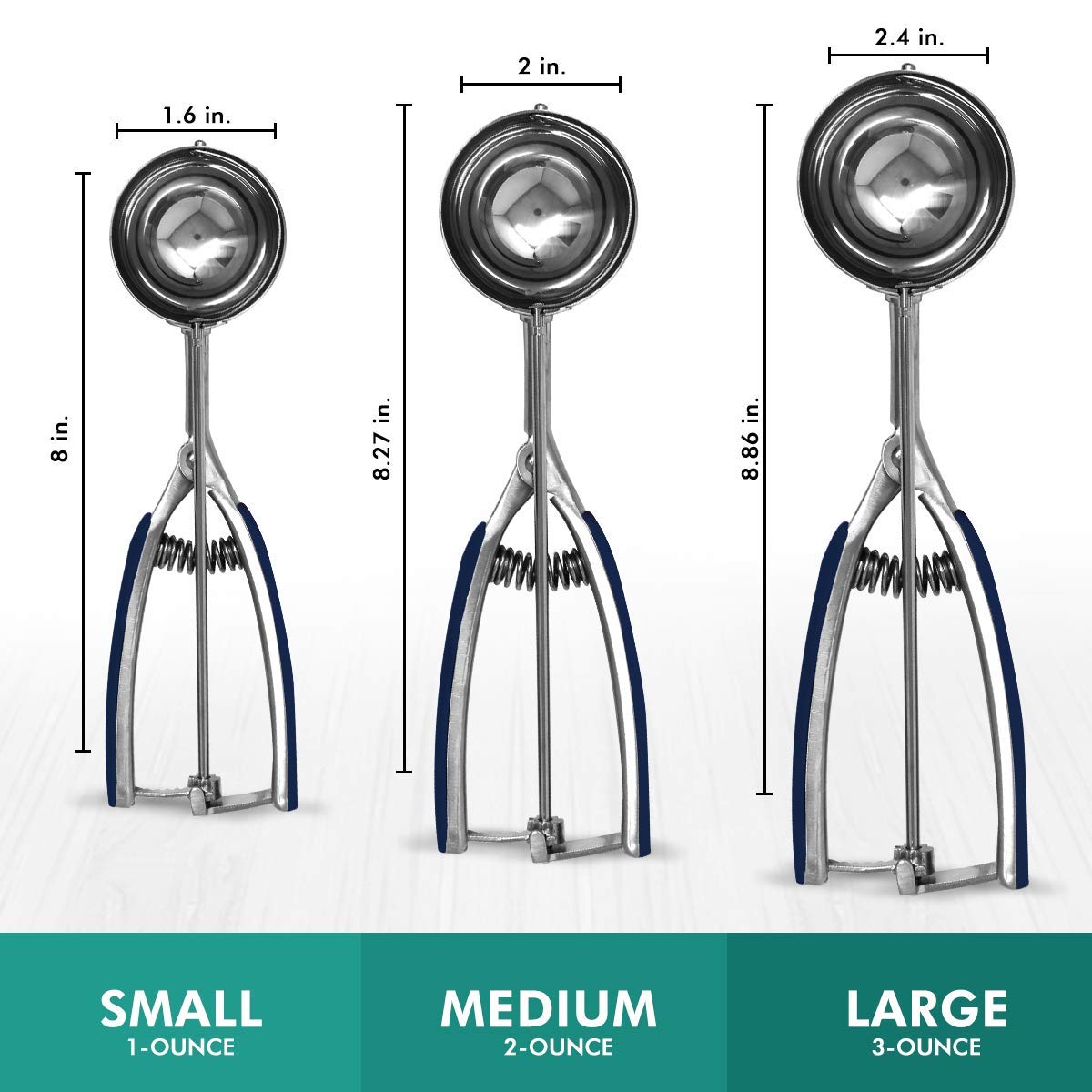 Millvado 3 Pack Stainless Steel Ice Cream And Cookie Scoops | With Blue Rubber Grips - Spring Loaded Lever Design - For Sorbet,