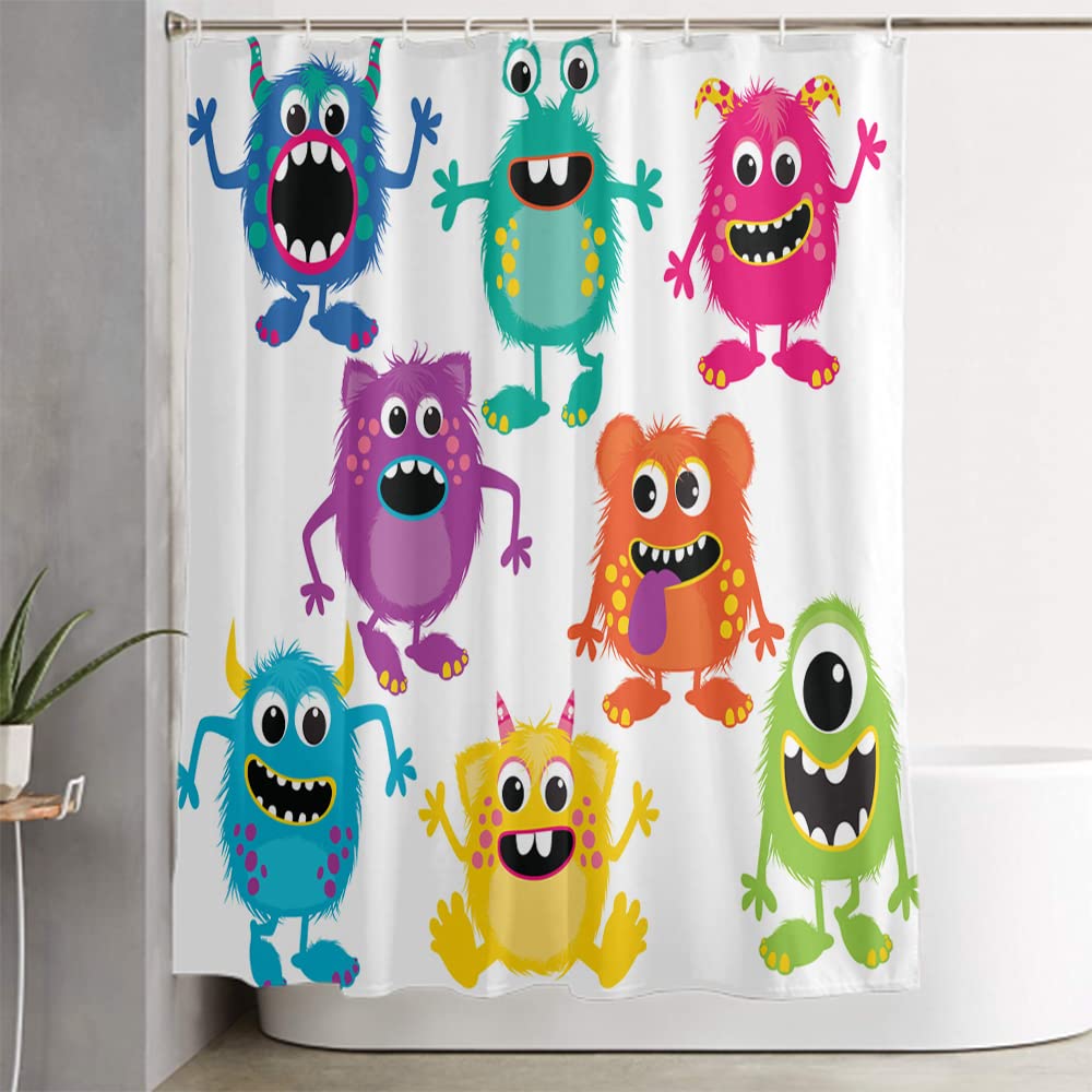 Lokmu 4 Pcs Shower Curtain Sets With Non-Slip Rugs, Toilet Lid Cover And Bath Mat,Cartoon Fluffy Monsters Cute Little Kid Waterp