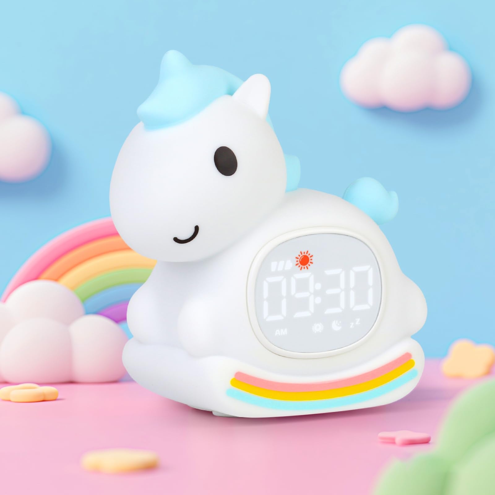 Alarm Clock with Night Light for Kids with Sleep Training and Sound Machine, Rechargeable Silicone Lamp OK to Wake Clock,Cute An