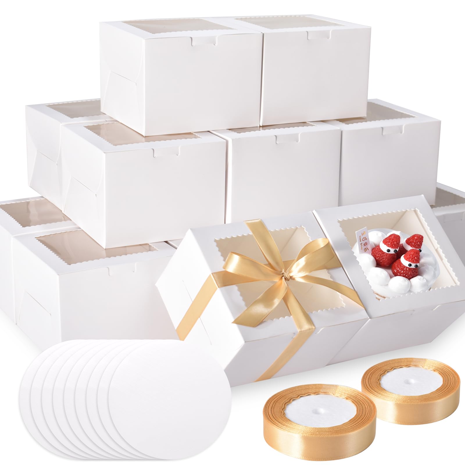 KPOSIYA 40pcs 8x8x5 inches Cake Boxes with Cake Boards(20 Boxes & 20 Boards), White 8 inch Cake Boxes with Window,Cajas Pasteles