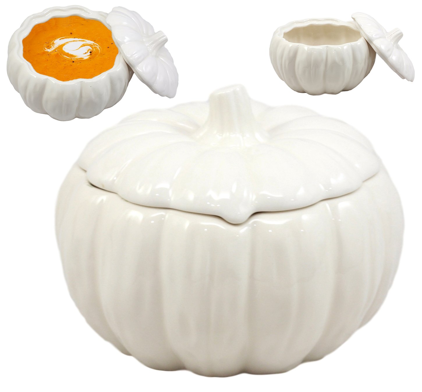 Ebros Gift Ceramic Stoneware White Harvest Pumpkin Bowl With Lid 6 Diameter (1)