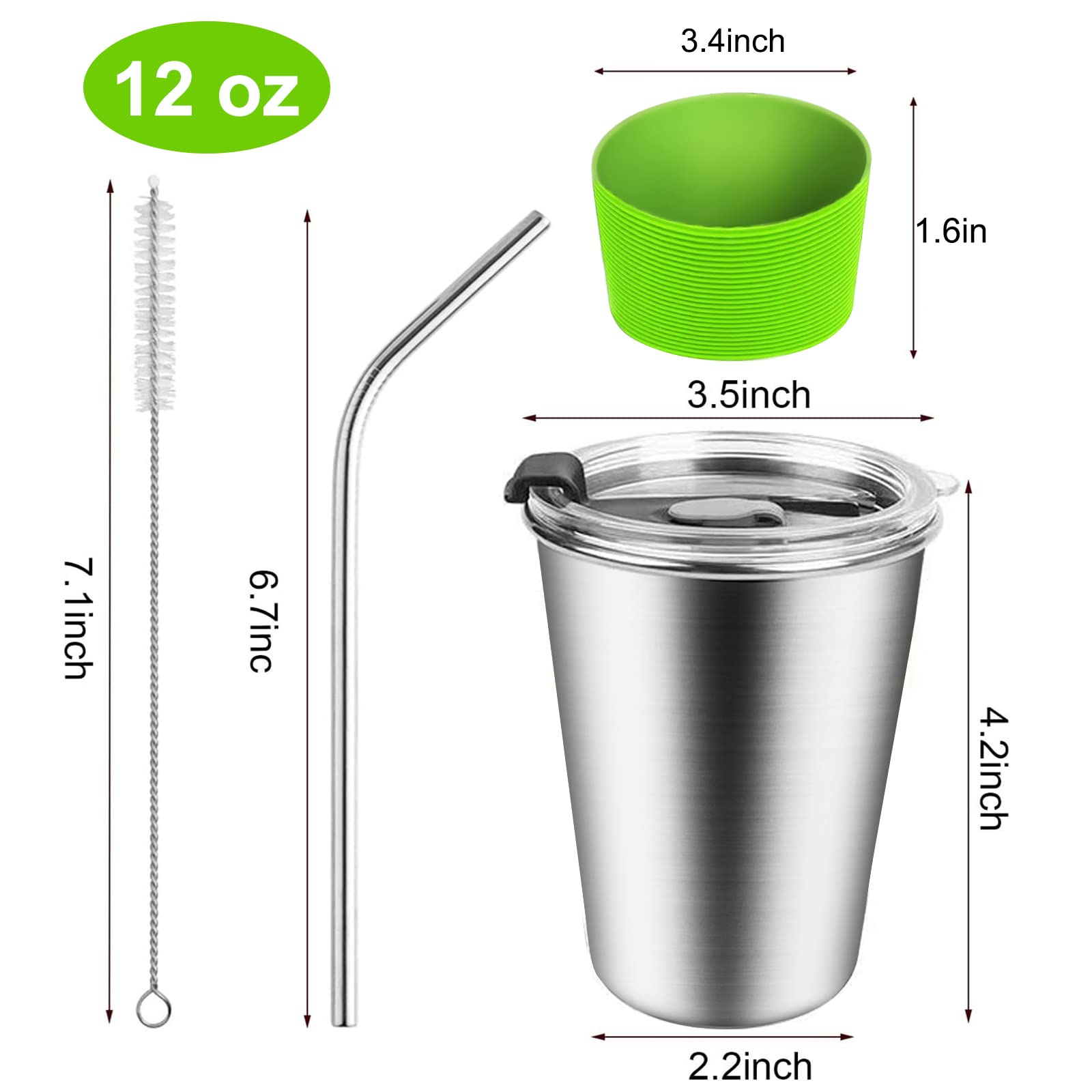 Kids Stainless Steel Cups, Kids Metal Drinking Glasses With Lids, Stainless Steel Straws And Sleeves, 12Oz Reusable Water Tumble