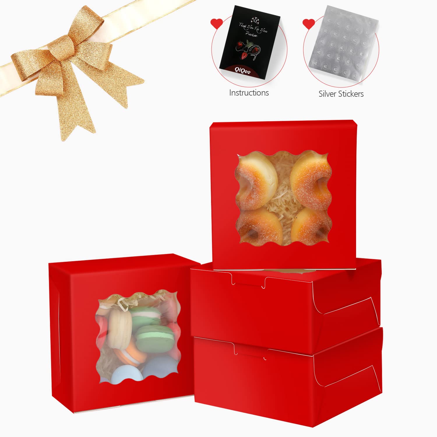 60Pcs Red Bakery Boxes With Window 6X6X3 Inches Thick & Sturdy Macaroon Pastry Boxes Cookie Boxes For Bakery