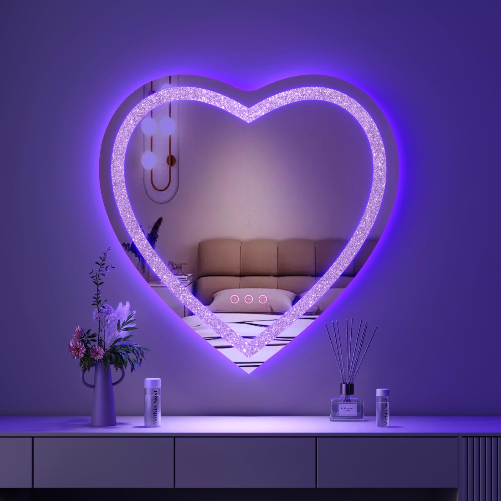 Besmirror 24''X24'' Heart Shaped Mirror Crushed Diamond, Rgbwy Led Heart Vanity Mirror With Lights, 3 Lighting Modes And 7 Stati