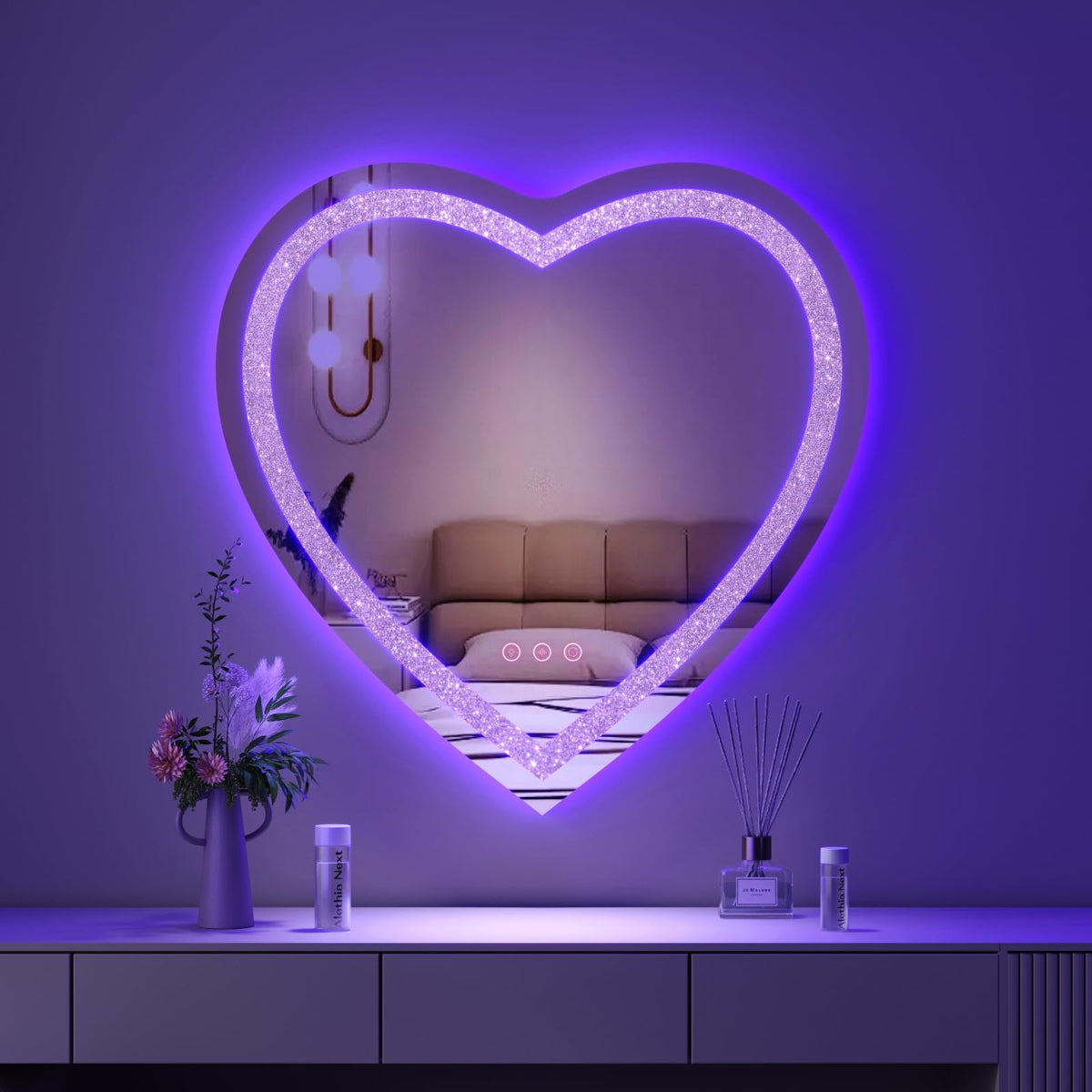 Besmirror 28''X28'' Heart Shaped Mirror Crushed Diamond, Rgbwy Led Heart Vanity Mirror With Lights, 3 Lighting Modes And 8 Stati