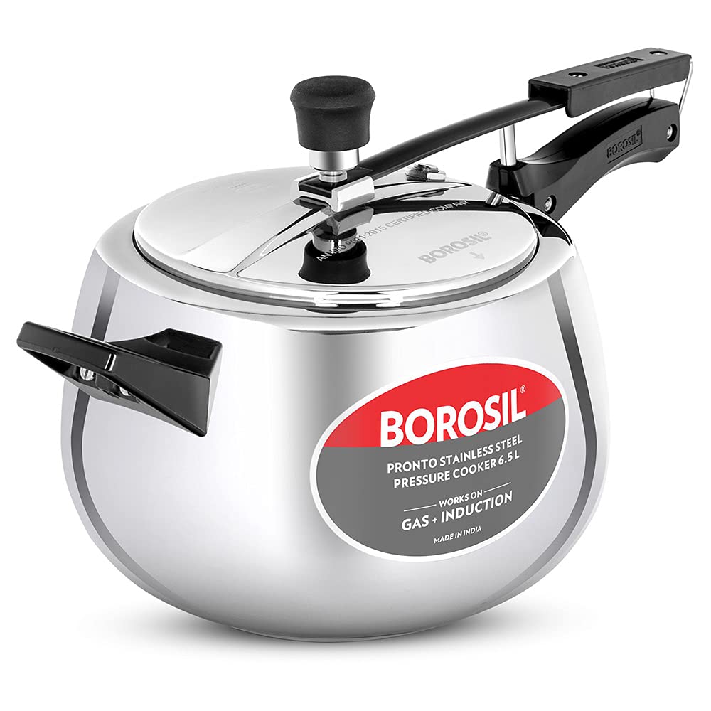 Borosil 6.5 L Pronto Stainless Steel Pressure Cooker With Inner Lid | Gas & Induction Compatible | 6.8 Mm Heavy Encapsulated Bas