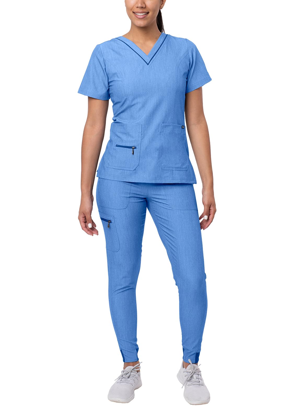 Adar Pro Flawless Plus Scrub Set For Women - Elevated V-Neck Top  Jogger Scrub Pants - P9600 - Heather French Blue - Xs