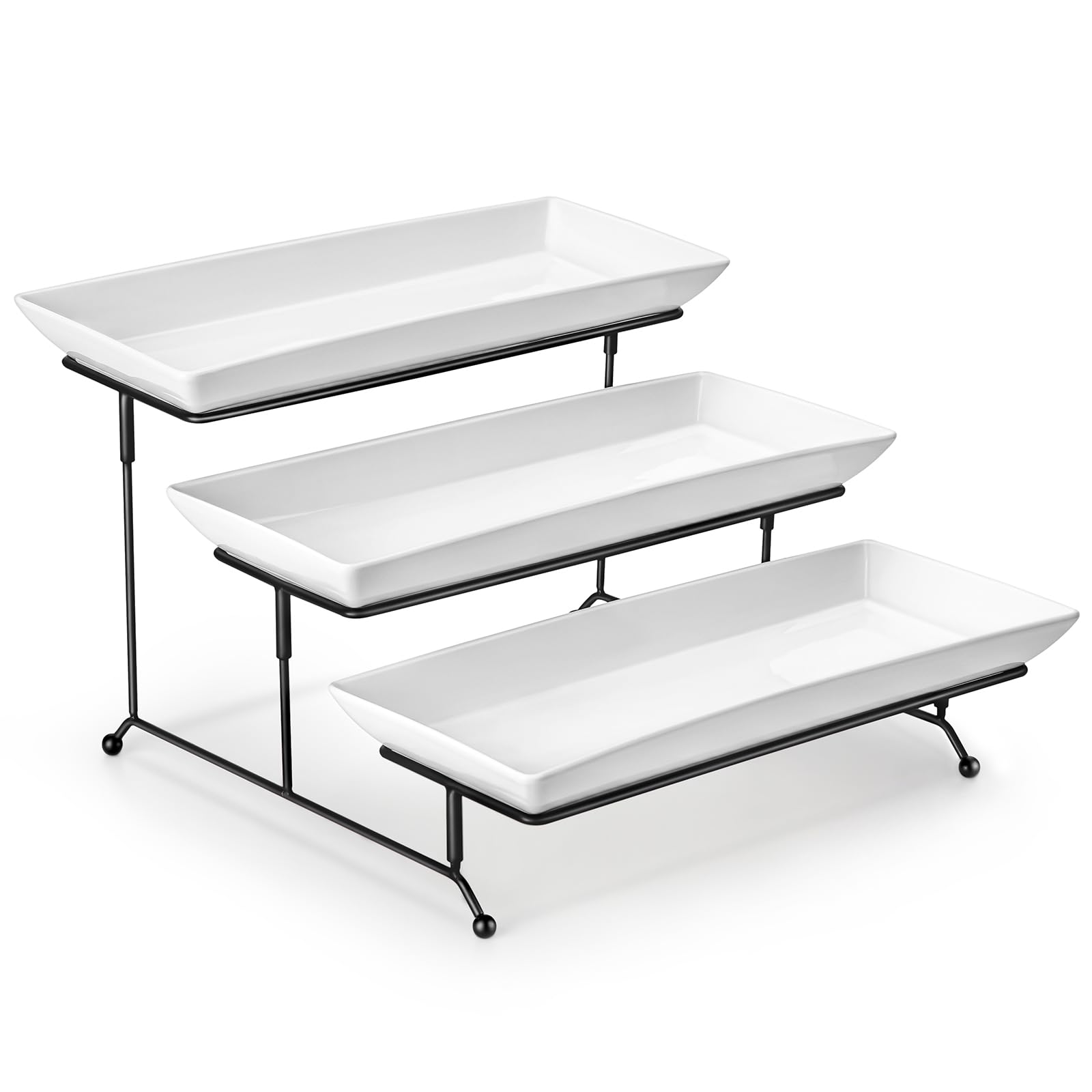 MALACASA 3 Tier Serving Tray, Porcelain Tiered Cupcake Stand, Ceramic Elevated Serving Platter with Collapsible Sturdier Rack,Se