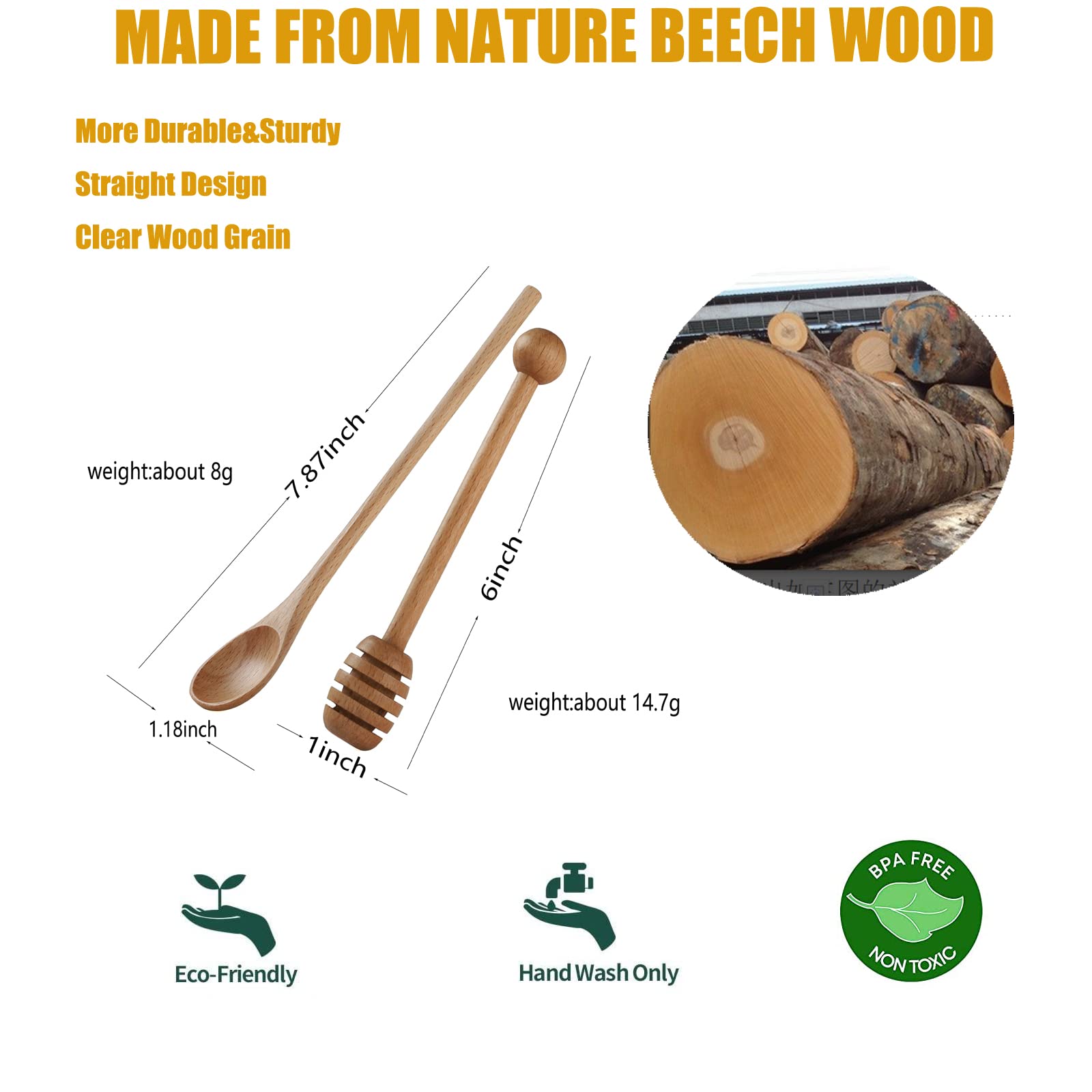 4 Pcs 6 Inch Honey Dipper Sticks And 4 Pcs 7.87 Inch Coffee Stirring Spoons, Beech Wooden Honey Spoon Stirrer For Honey Jar Disp