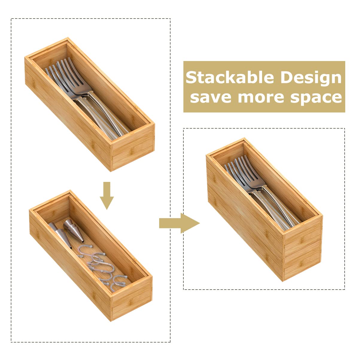 Bambloom Bamboo Kitchen Drawer Organizer, Stackable Silverware Tray Utensil Organizer Cutlery Holder For Kitchen Drawers, Wooden